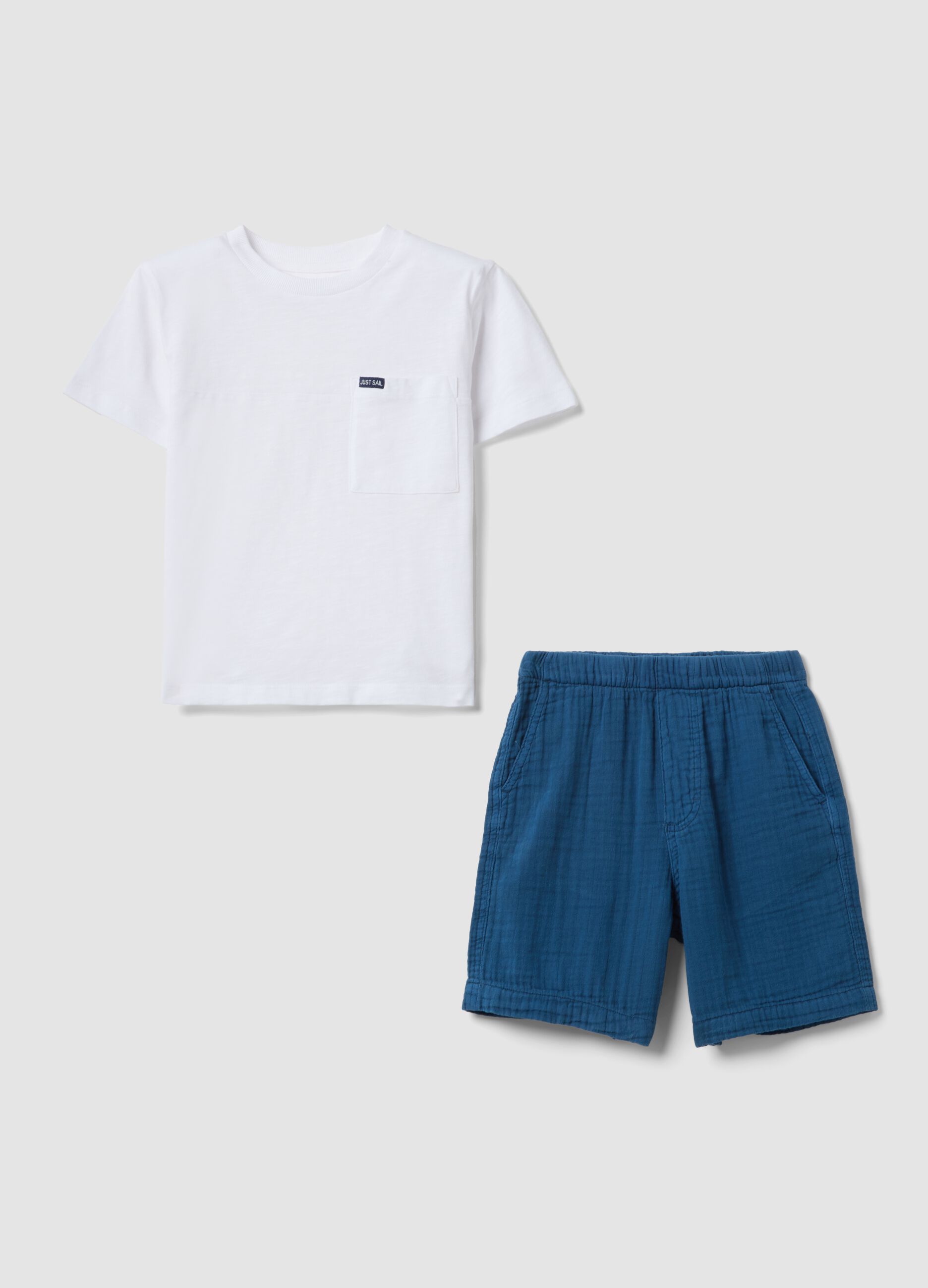 White and blue pure cotton T-shirt and shorts set for boys, regular fit