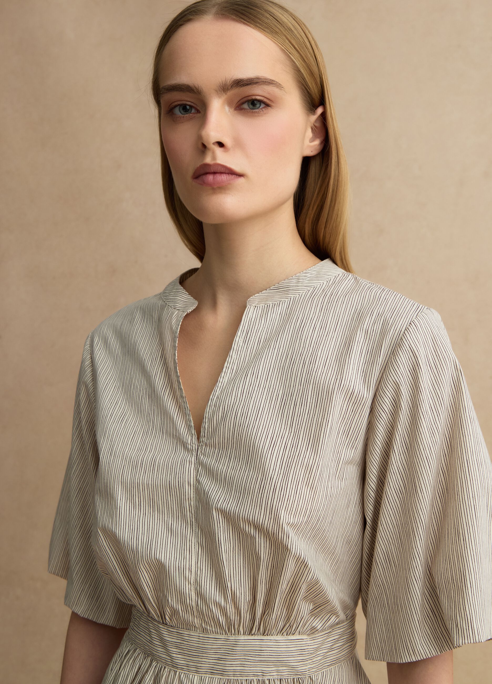 Beige striped pure cotton maxi dress, regular fit with V-neck