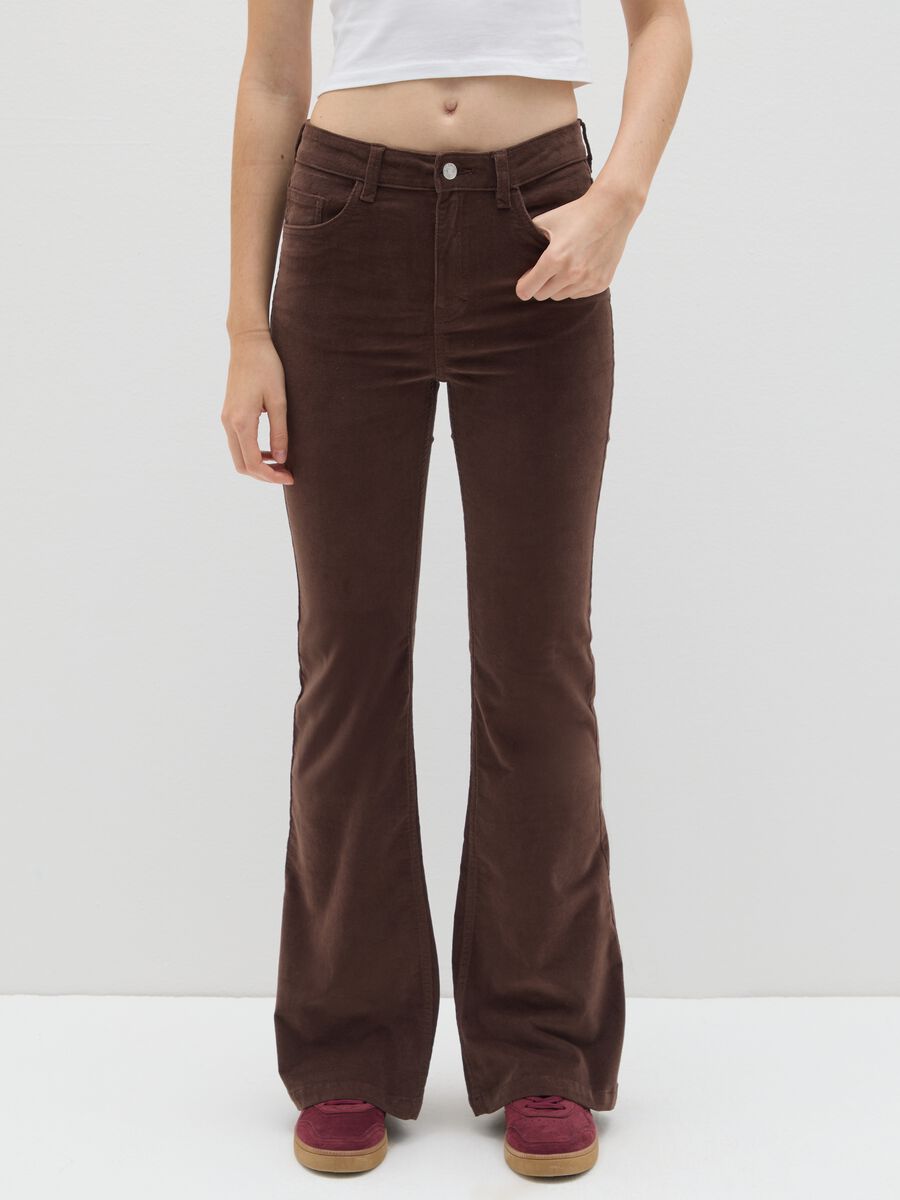 Brown Flare Trousers in Stretch Velvet_1