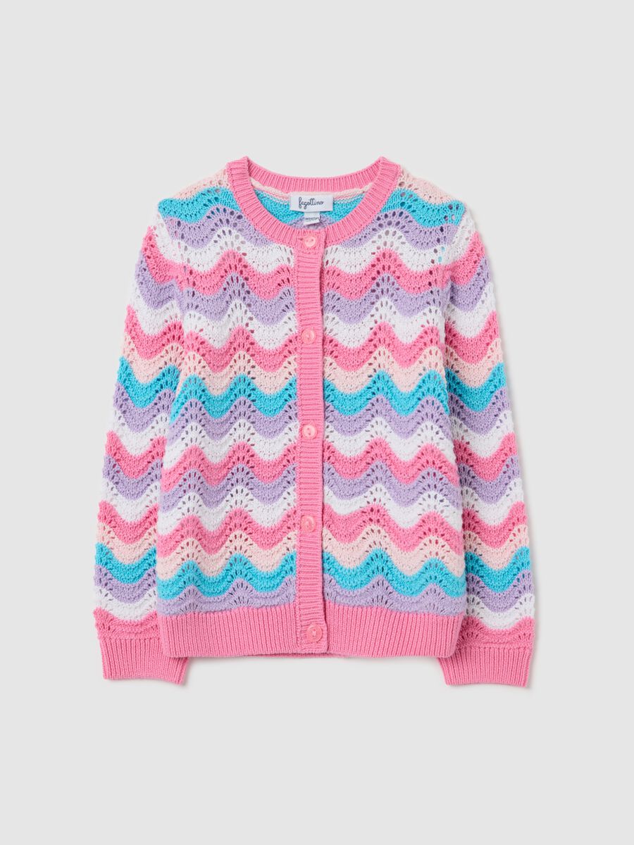 Pink and light blue cardigan with striped openwork design_0
