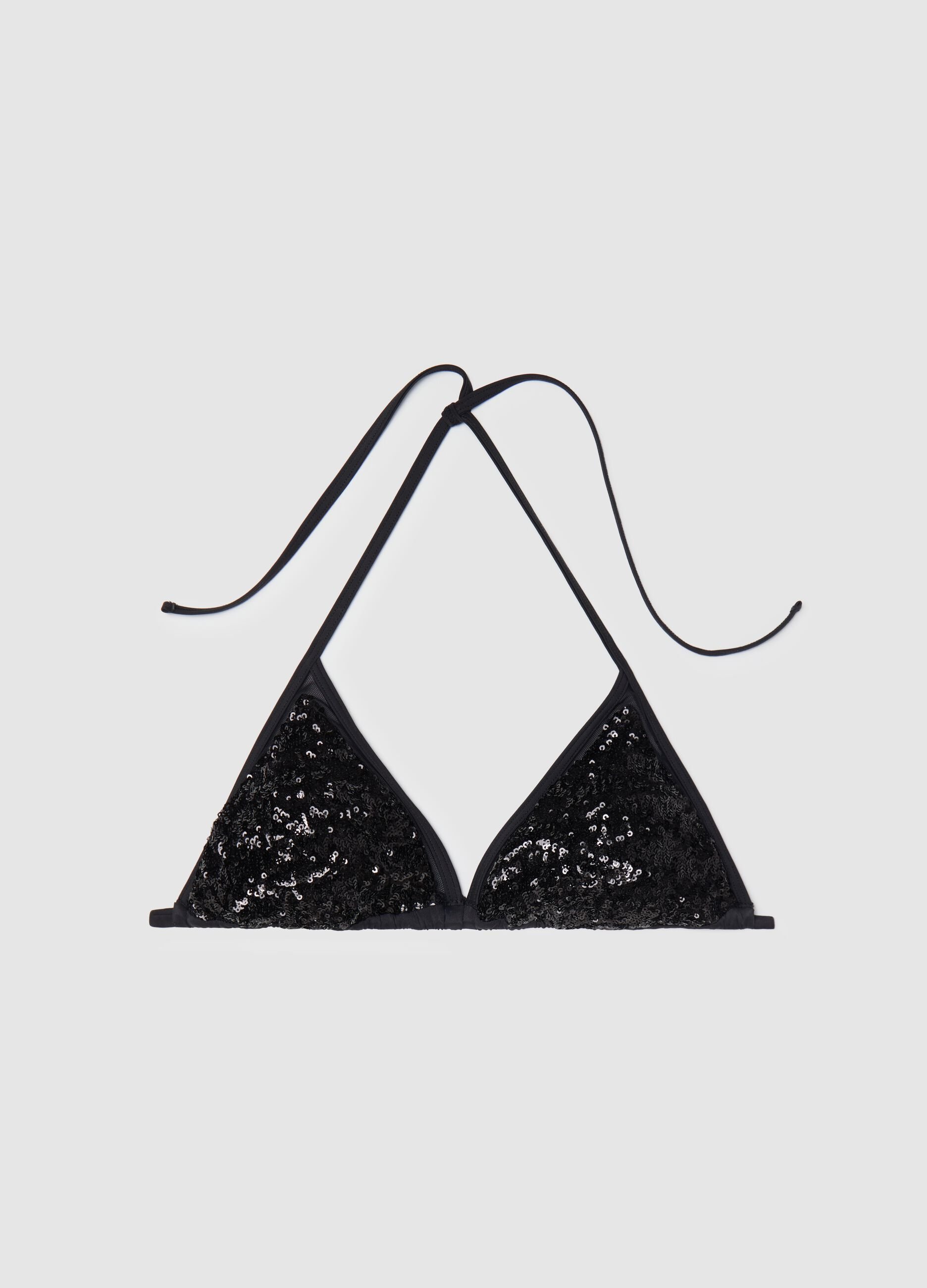 Women’s bikini top in black stretch fabric with sequins