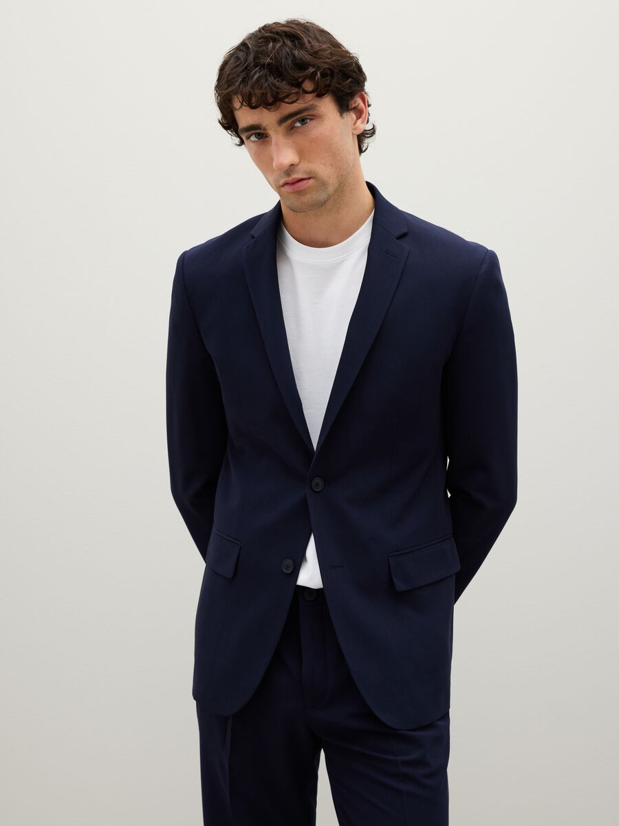Navy slim fit blazer with button closure_0