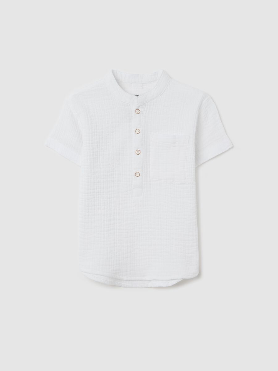 White seersucker shirt with granddad neckline_0
