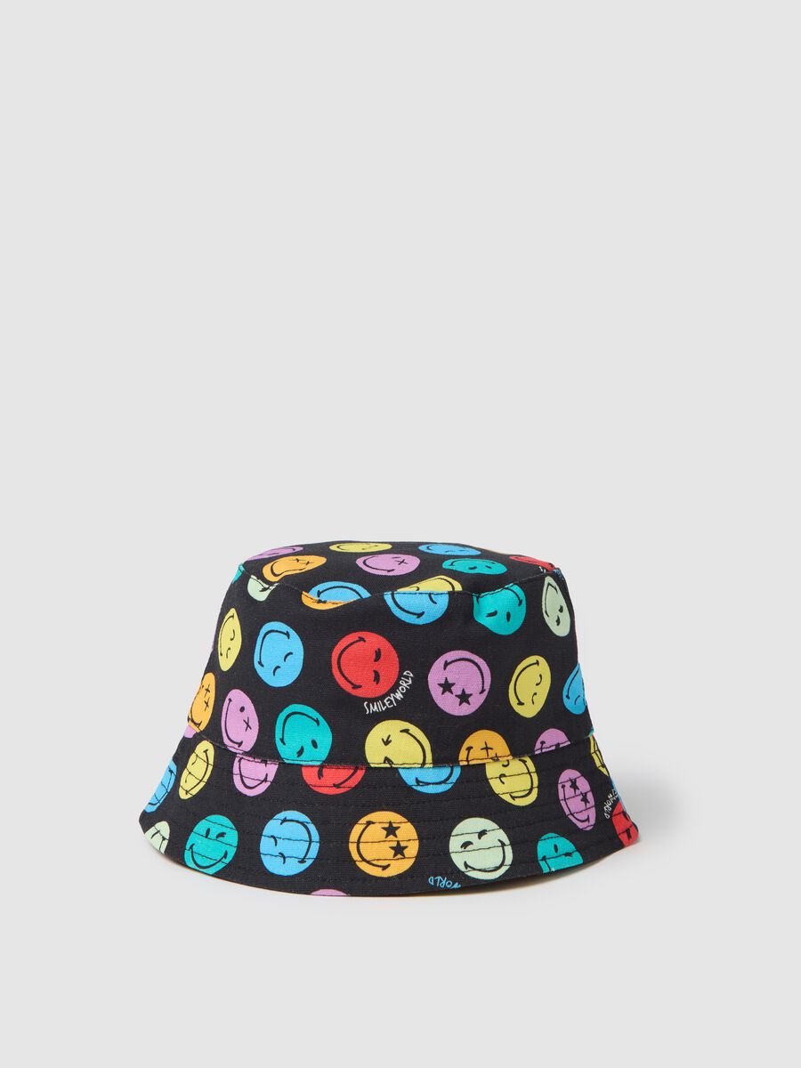 Multicolour cotton bucket hat with smiley prints_0
