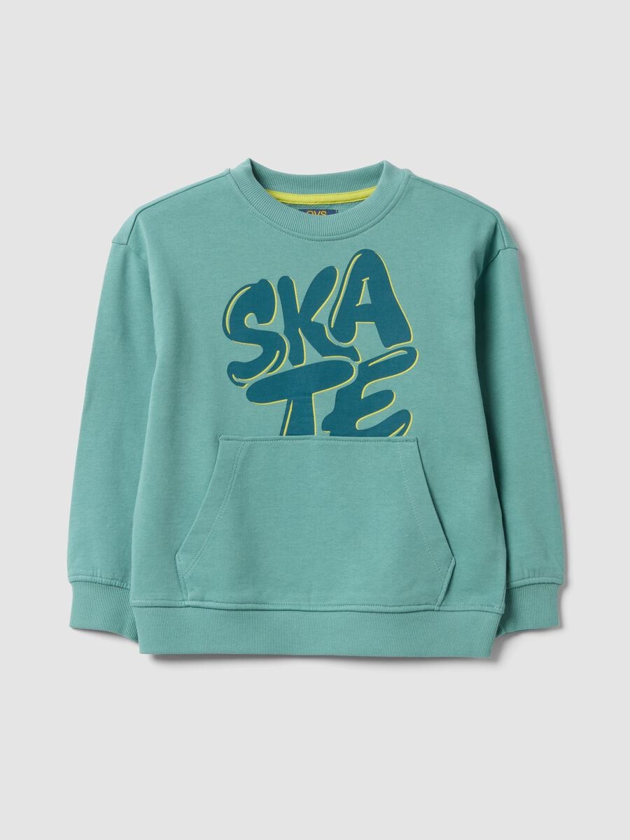 Blue oversized pure cotton hoodie with print and kangaroo pocket for boys_0