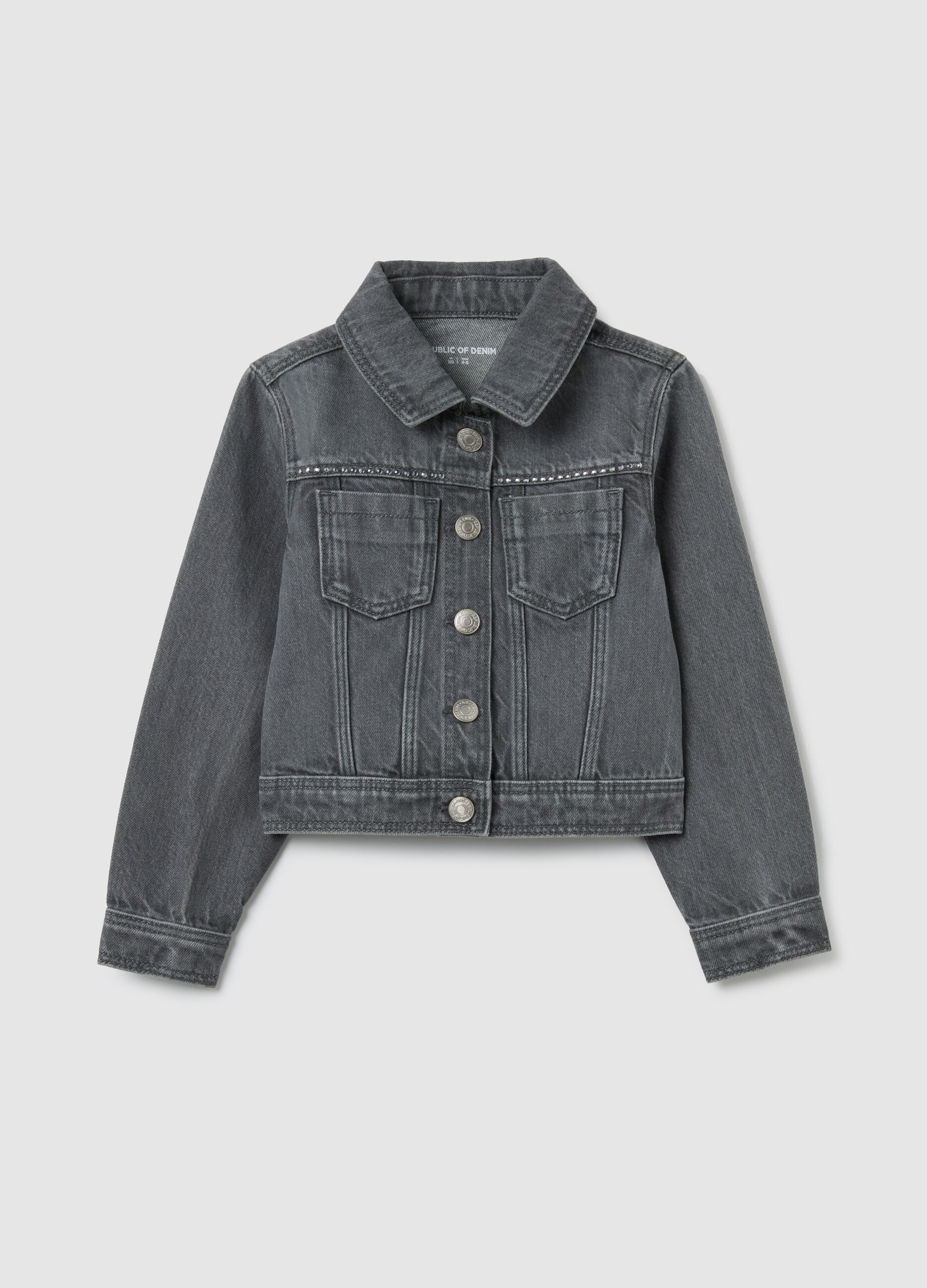 Girl's grey pure cotton jacket, regular fit, with frayed details