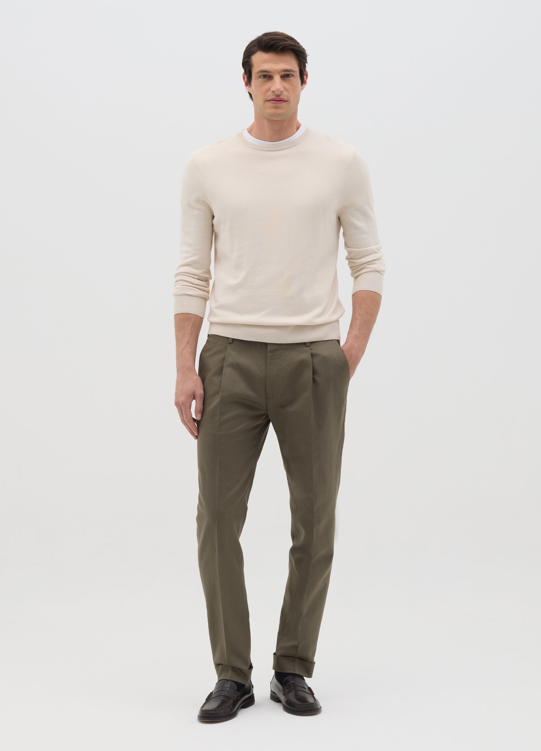 Pantaloni chino da uomo in misto cotone e lino verde regular fit