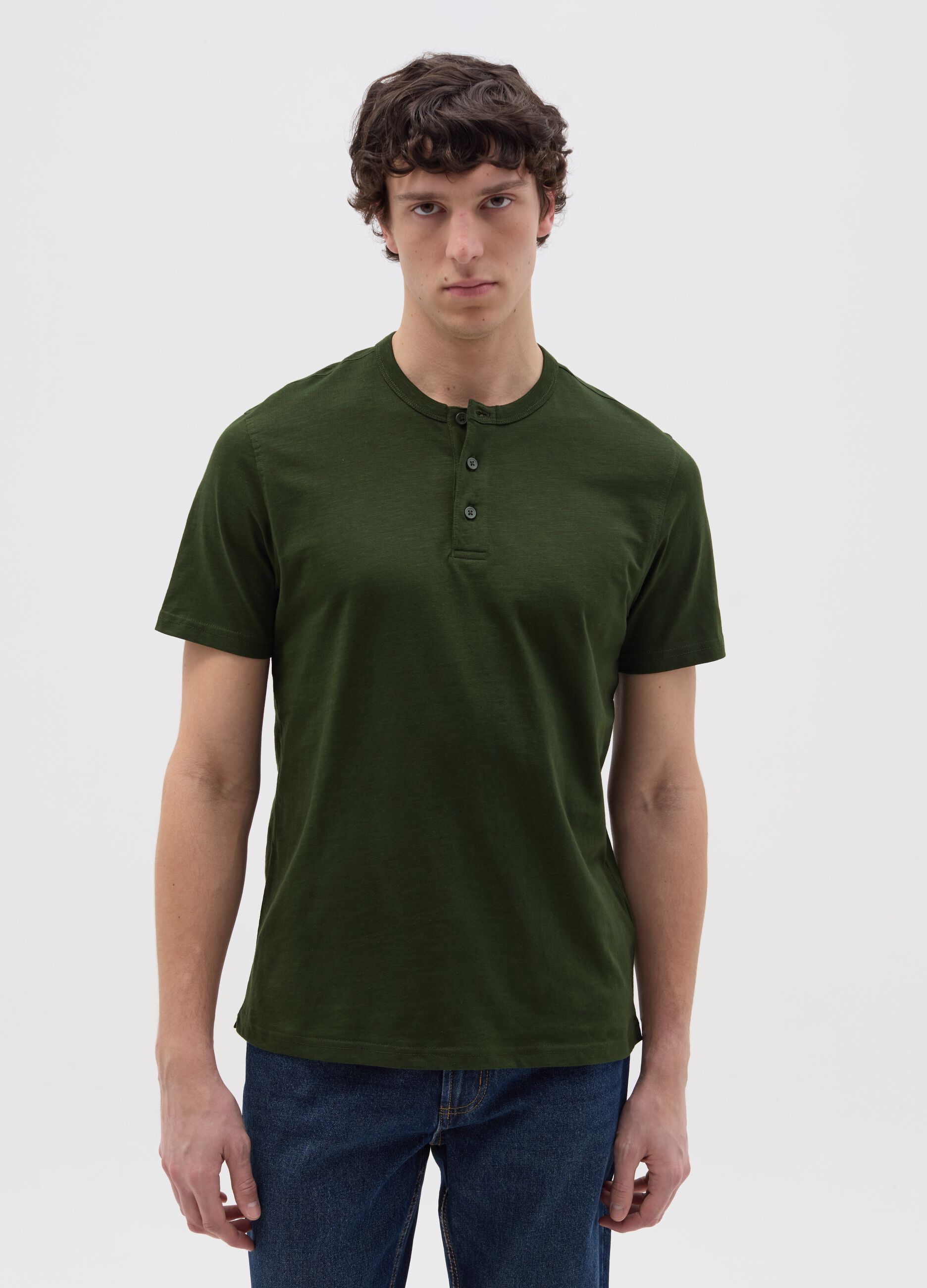 Cotton T-shirt with granddad neckline
