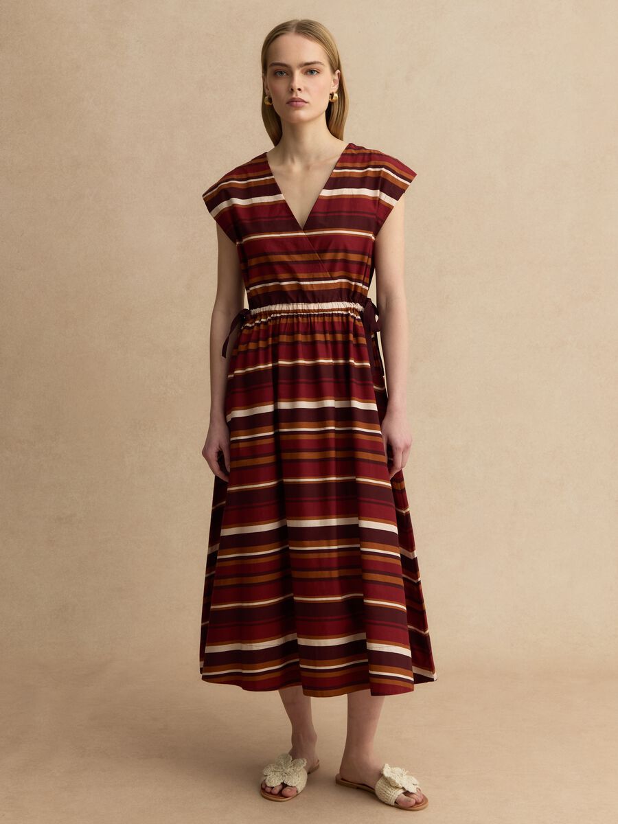 Multicolour striped pure cotton dress with regular fit and V-neck_1