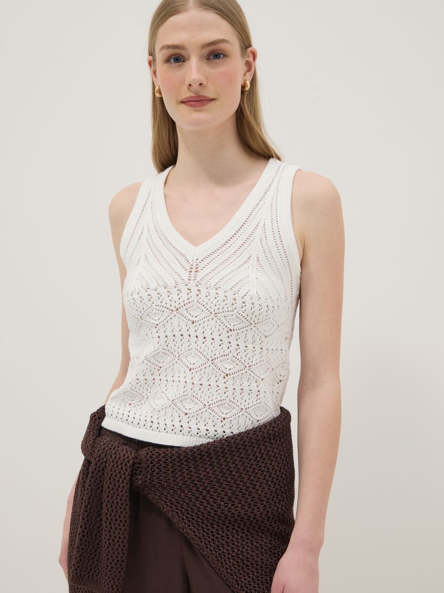 Tank top in puro cotone bianco regular fit con motivo traforato_3