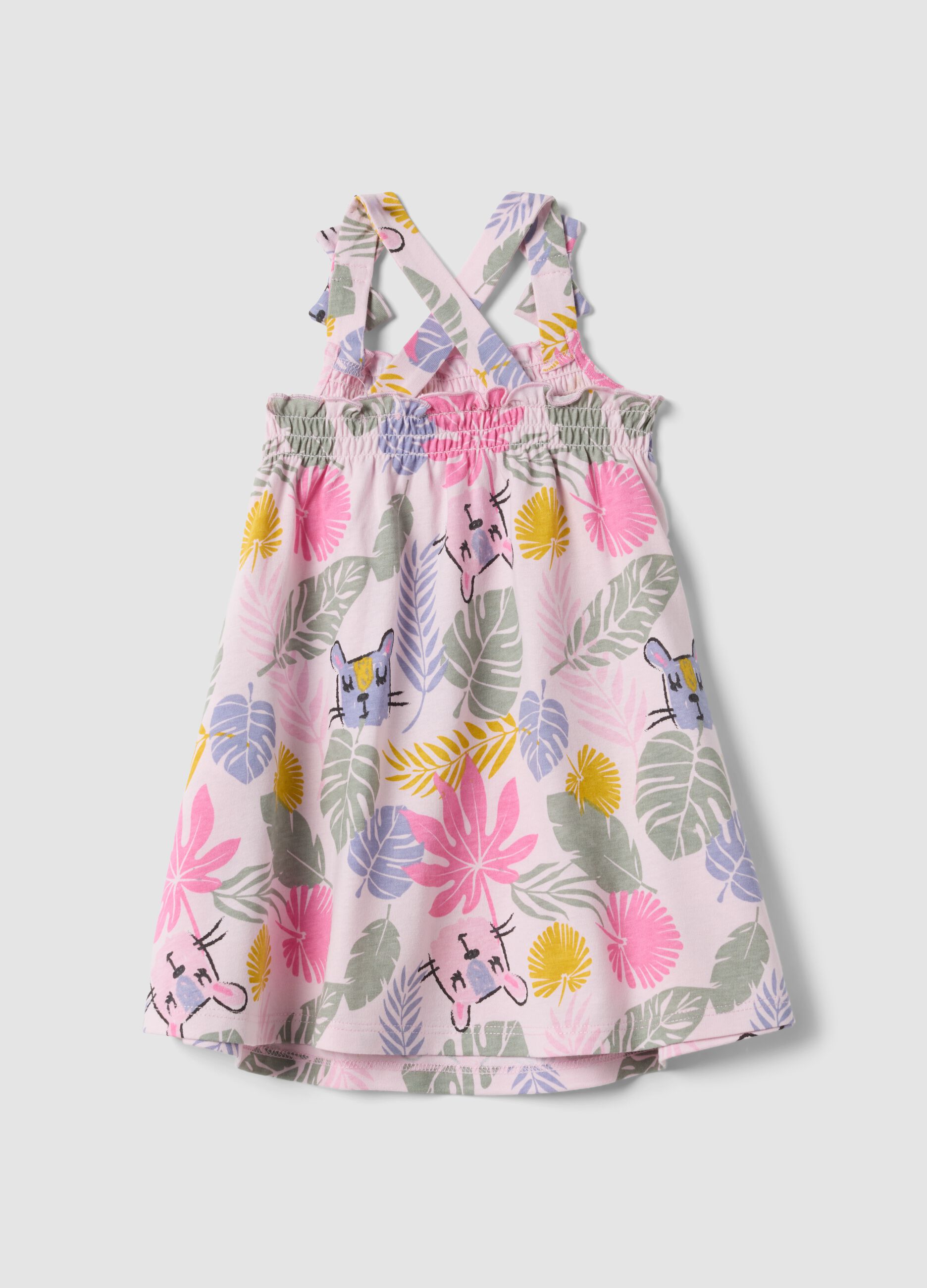 Pink pure cotton dress with tropical print