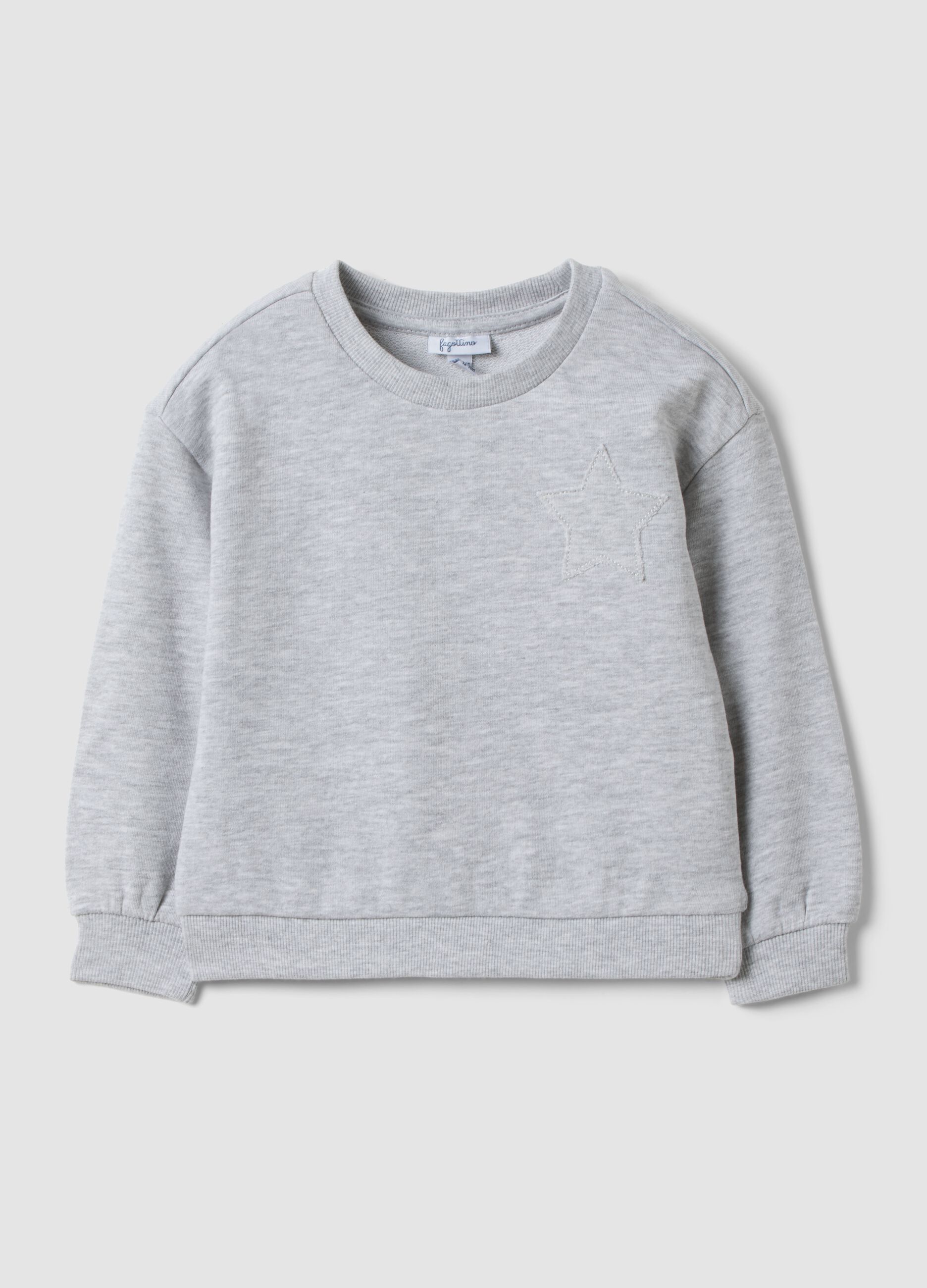 Grey crew-neck cotton and viscose blend sweatshirt with embroidered star for baby girl