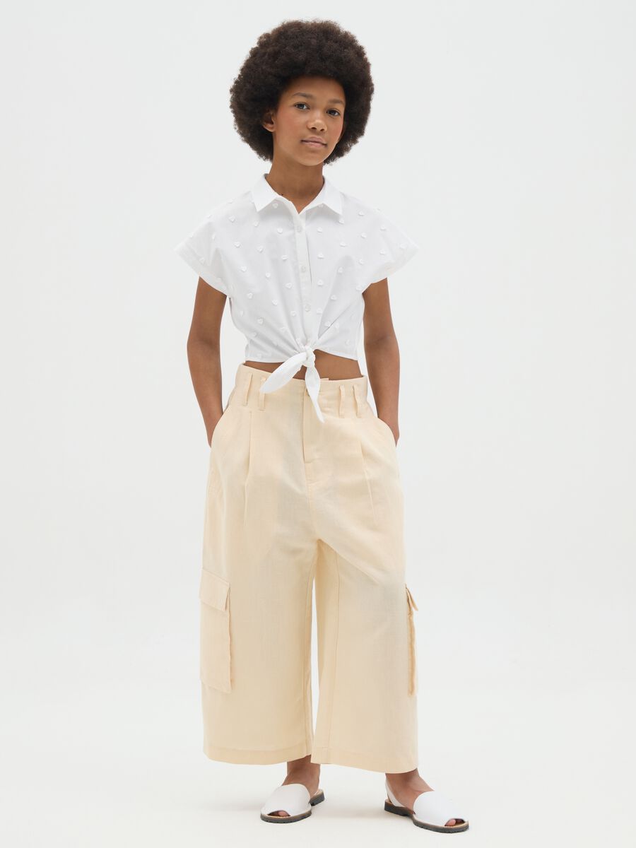 Girl's beige cotton and linen regular fit trousers_1
