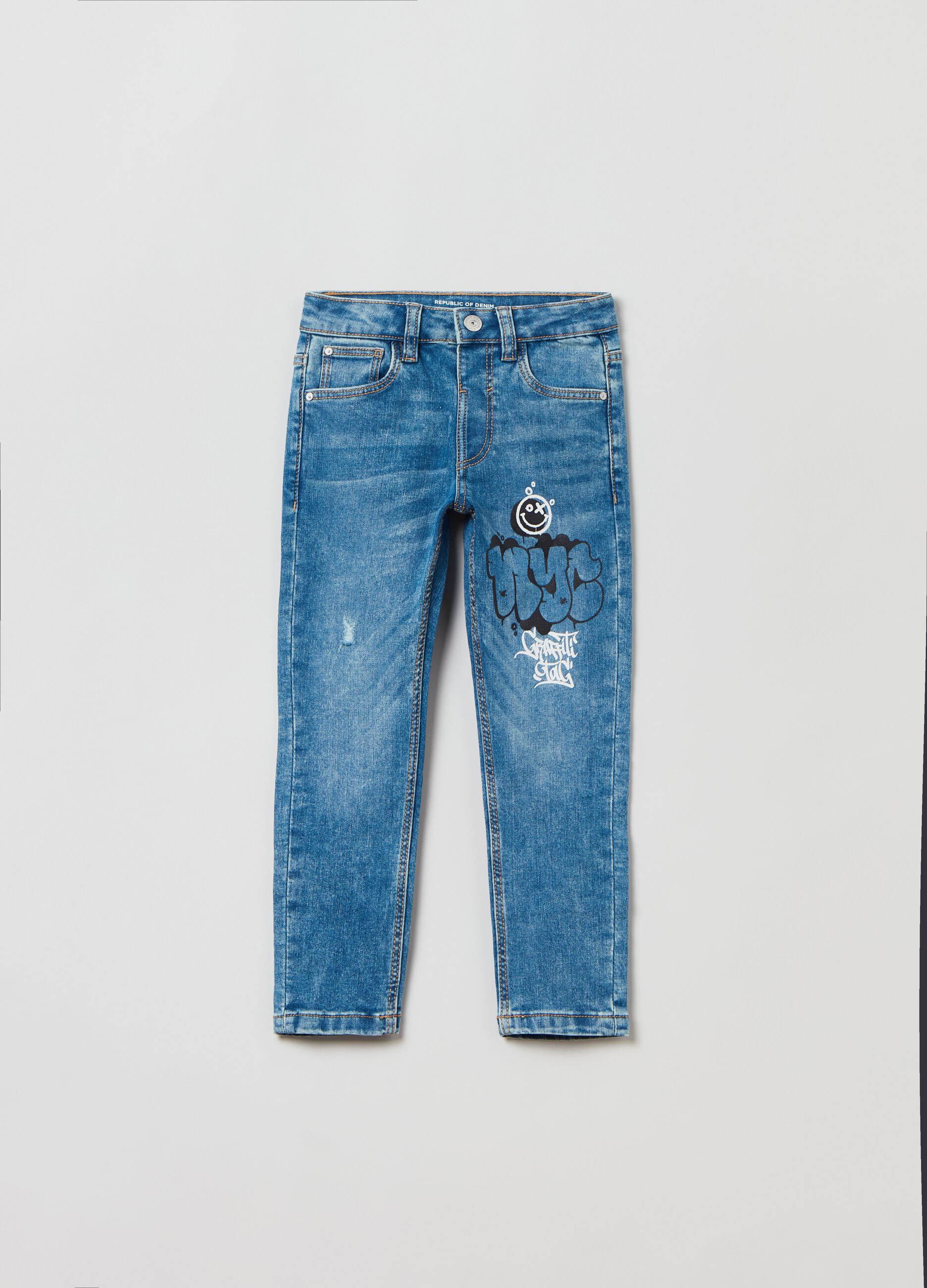 Jeans slim fit cinque tasche con stampa_0