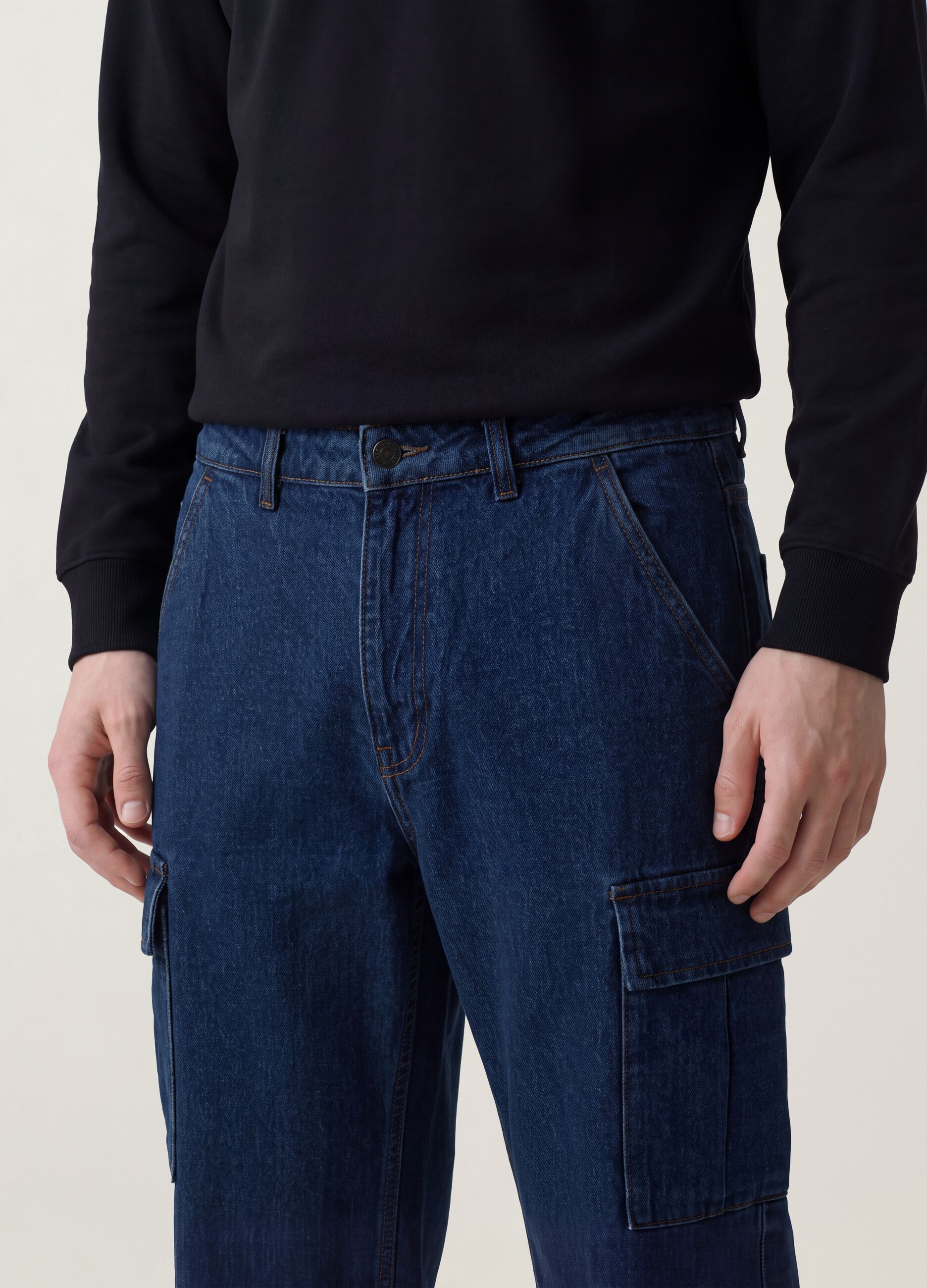 Dark blue pure cotton wide-leg cargo jeans