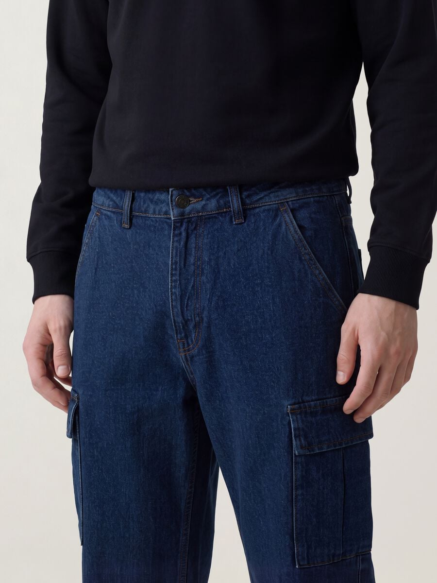 Dark blue pure cotton wide-leg cargo jeans_3