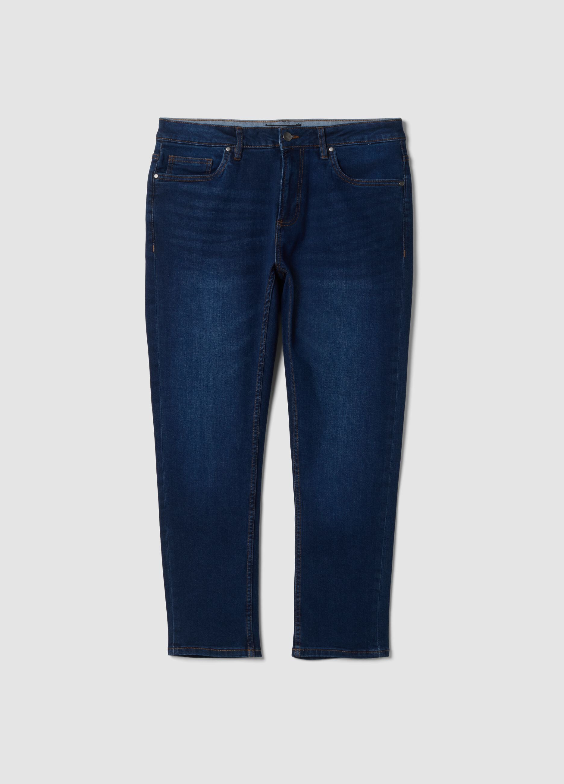 Dark blue stretch cotton slim tapered fit jeans