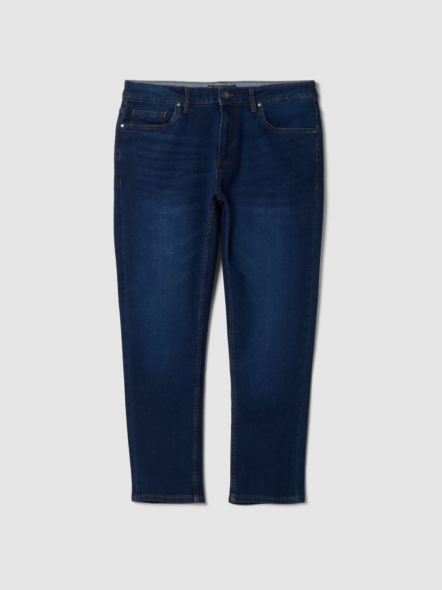 Jeans blu scuro in cotone elasticizzato slim tapered fit_0