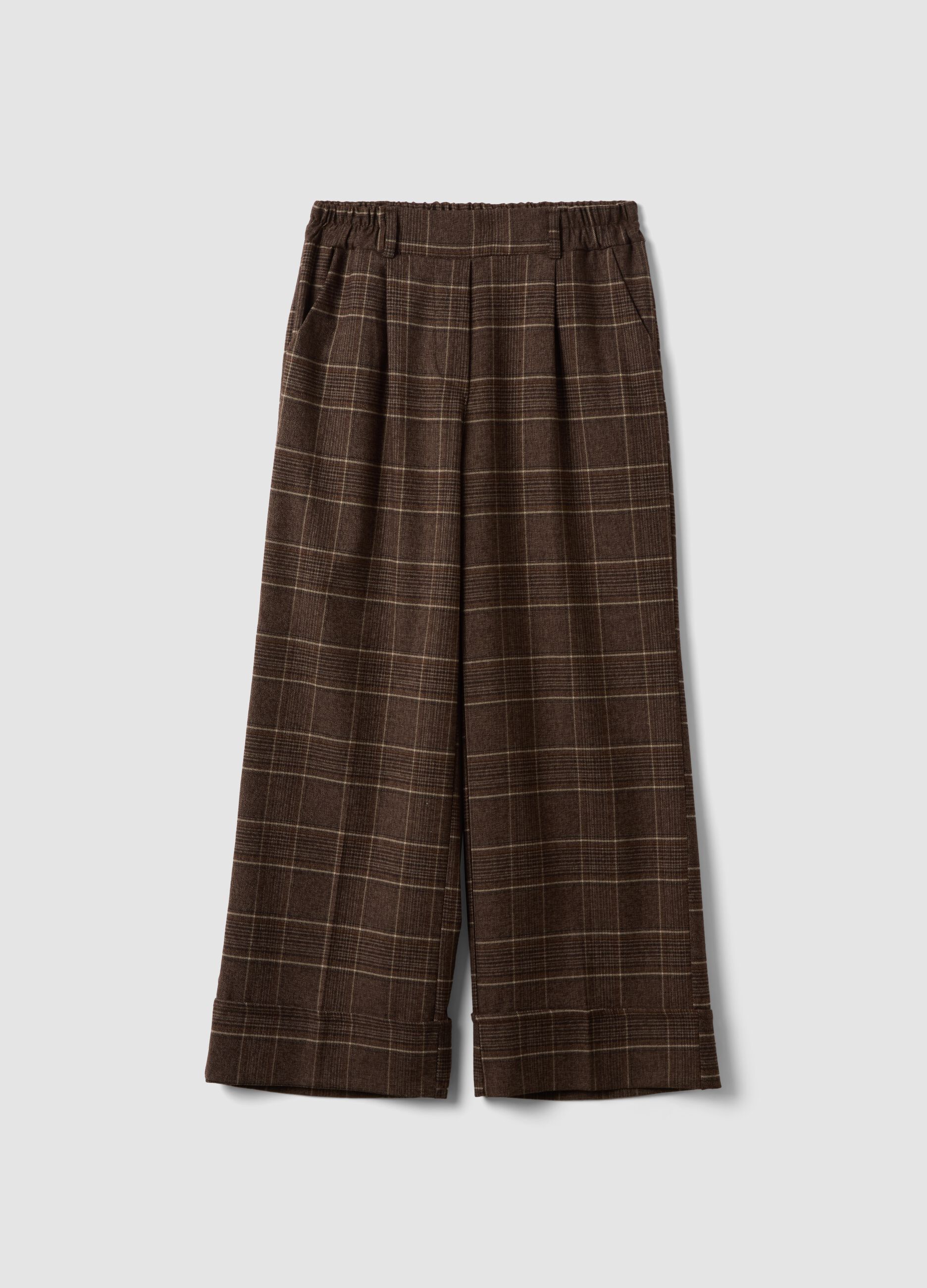 Pantaloni marroni a quadri in misto viscosa elasticizzata regular fit