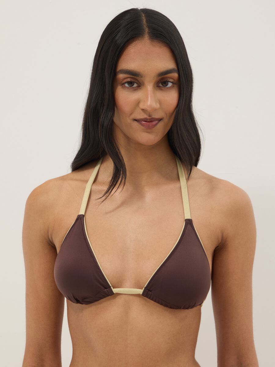 Brown triangle bikini top in stretch fabric_0