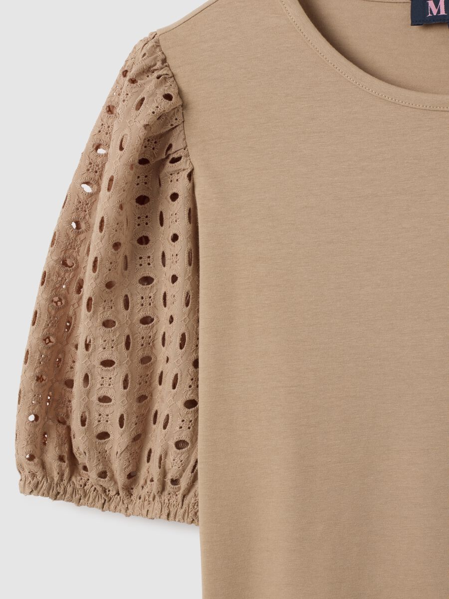Beige regular fit women's cotton T-shirt with puff sleeves_1