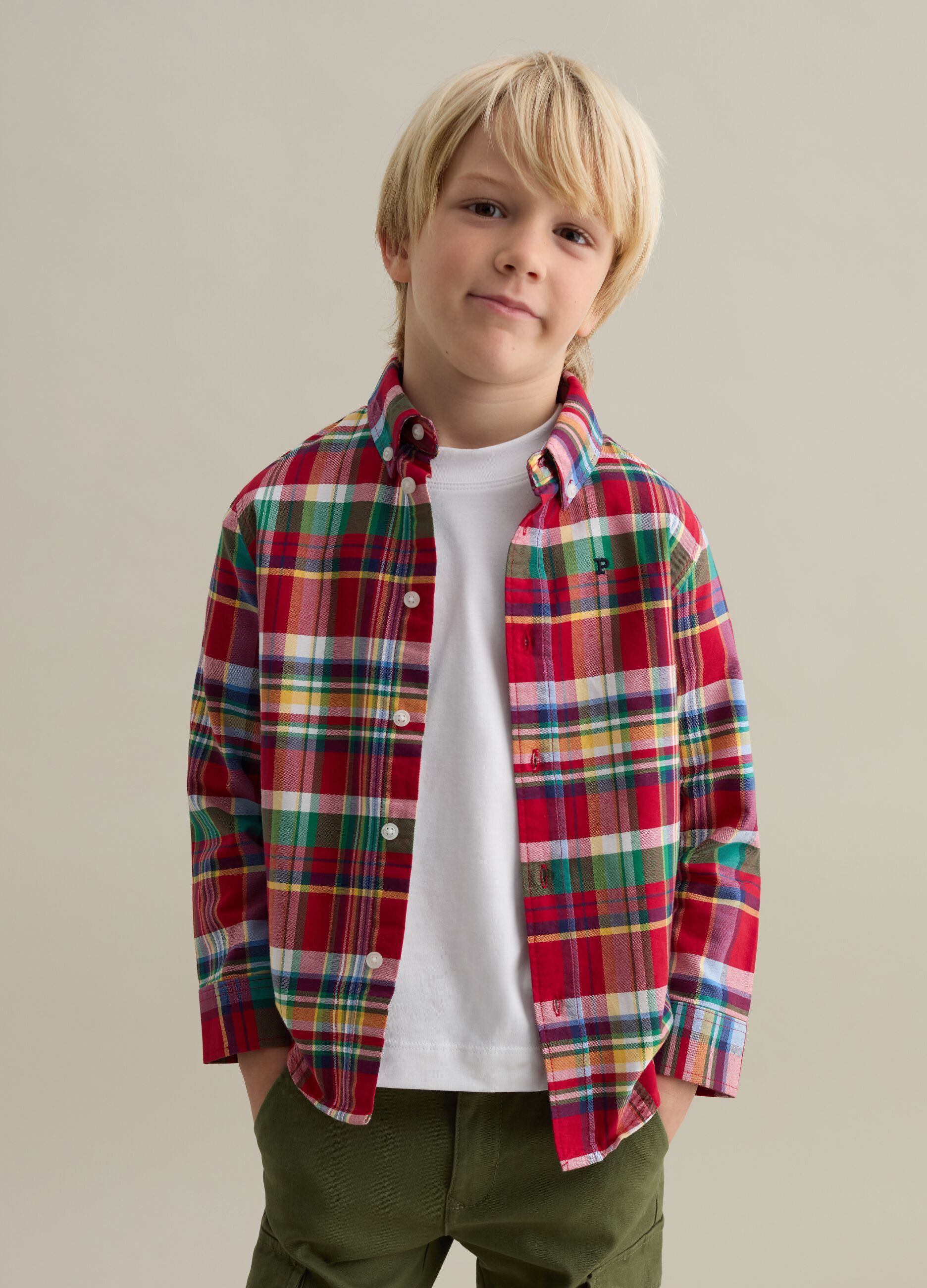 Button-down shirt with check print and logo embroidery