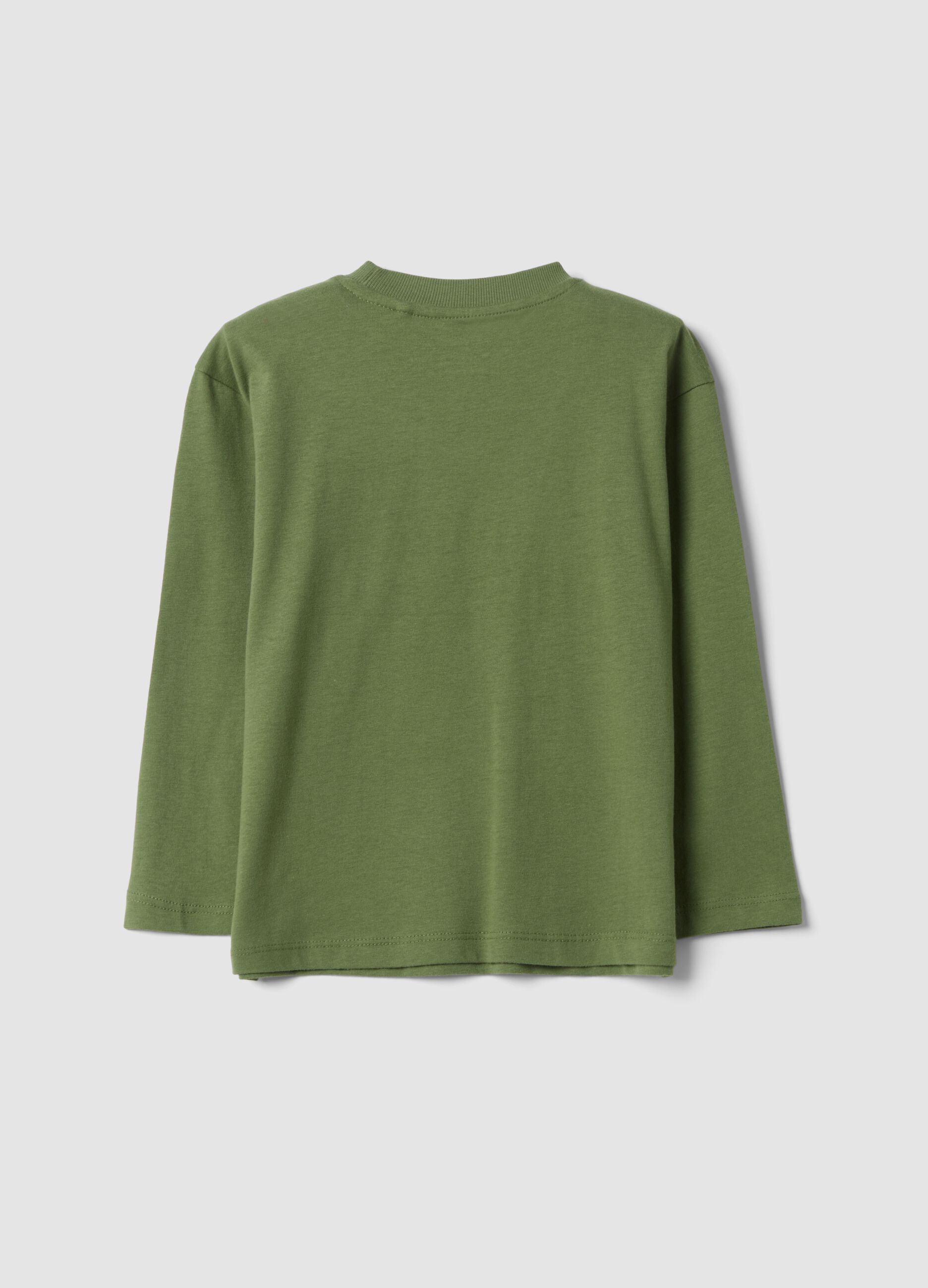 T-shirt over verde in puro cotone organico con stampa dinosauro