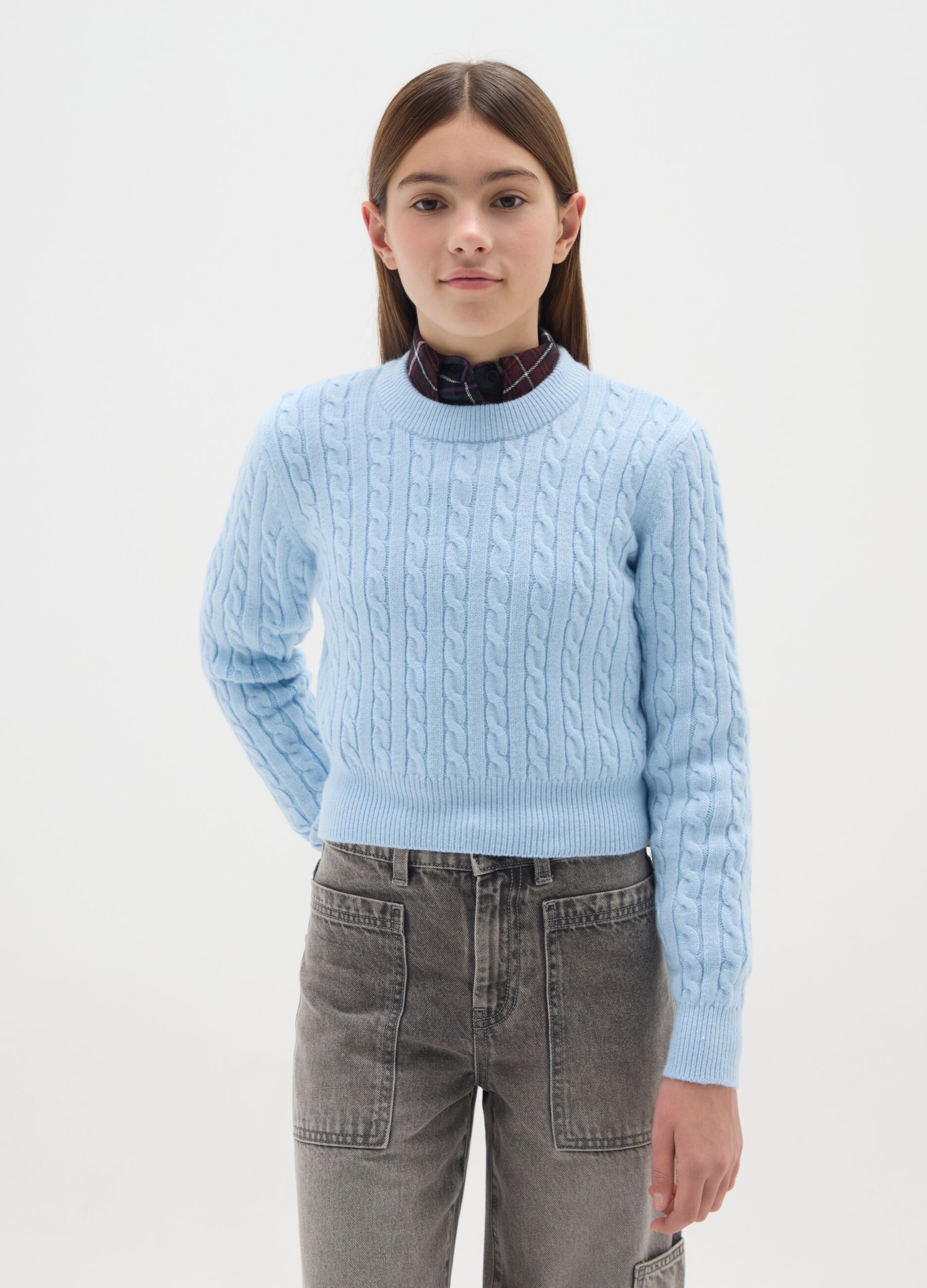 Girls' Blue Crew Neck Sweater with Cable Pattern Regular Fit