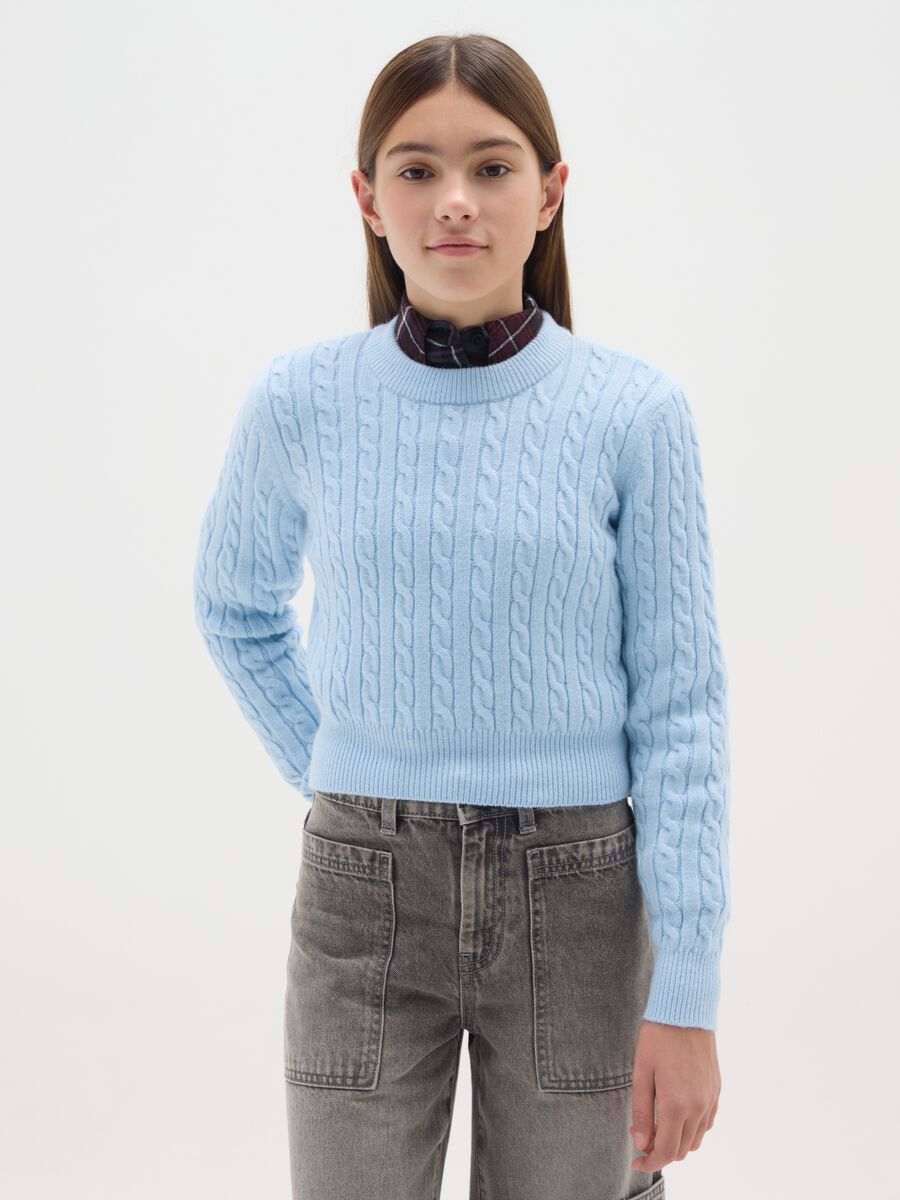 Girls' Blue Crew Neck Sweater with Cable Pattern Regular Fit_0
