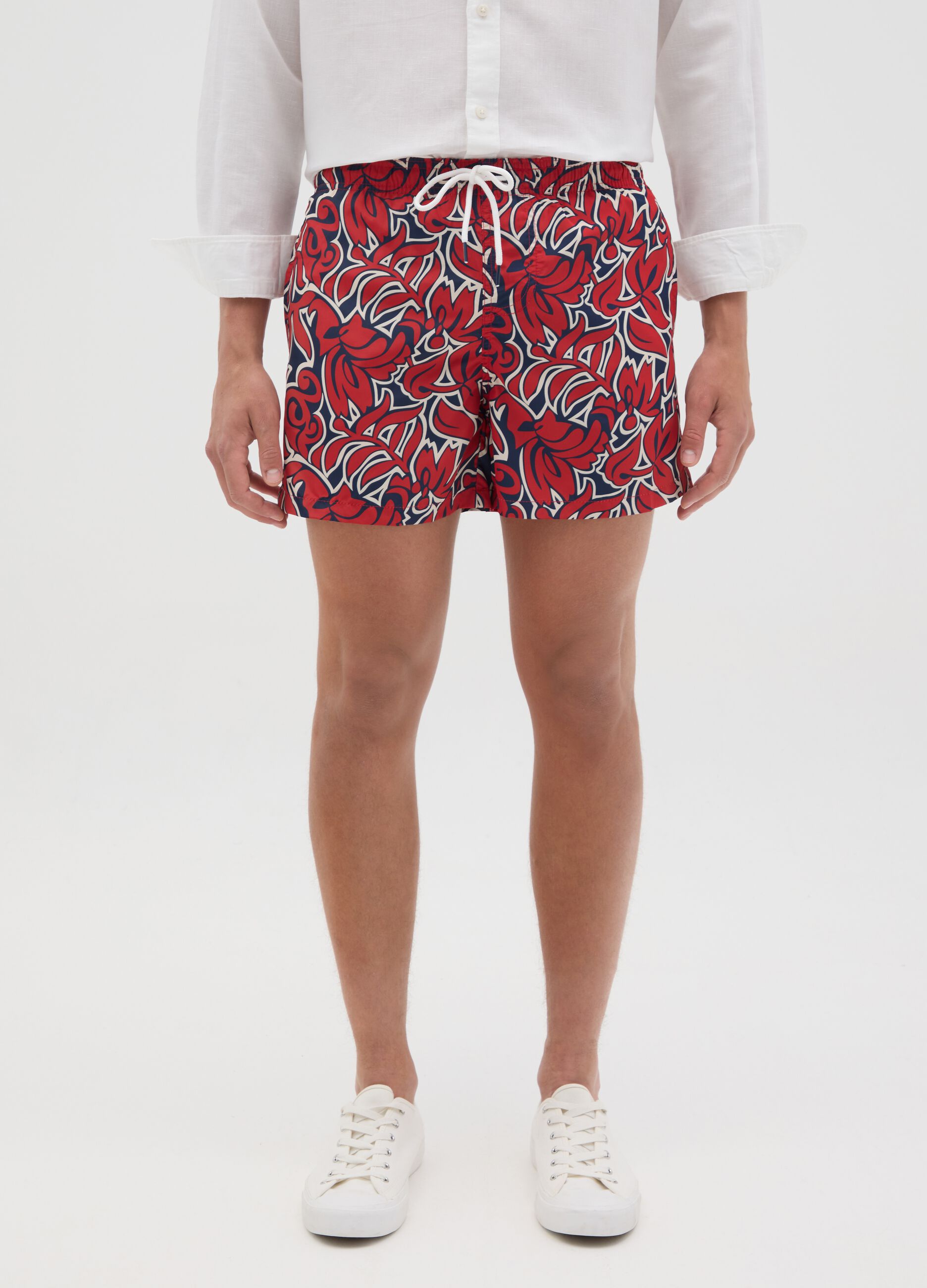 Red Floral Print Swim Shorts