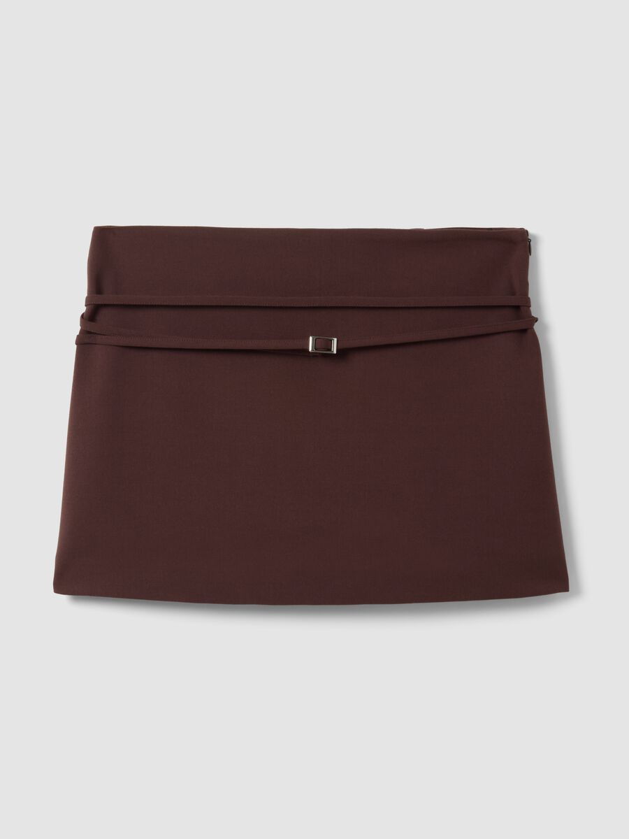 Mini gonna marrone in viscosa elasticizzata con cintura_4