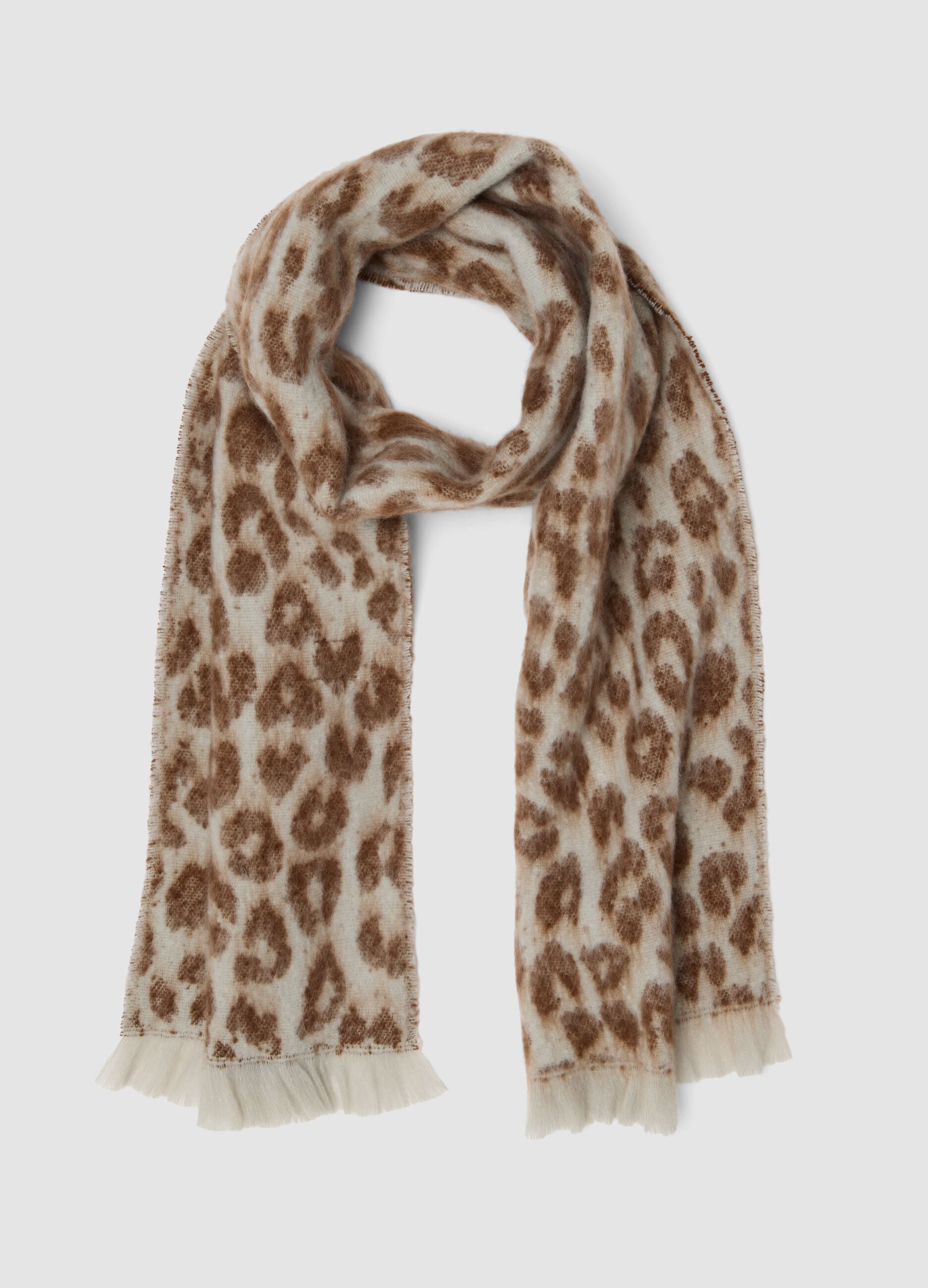 Ivory and light brown animal-print scarf with fringes