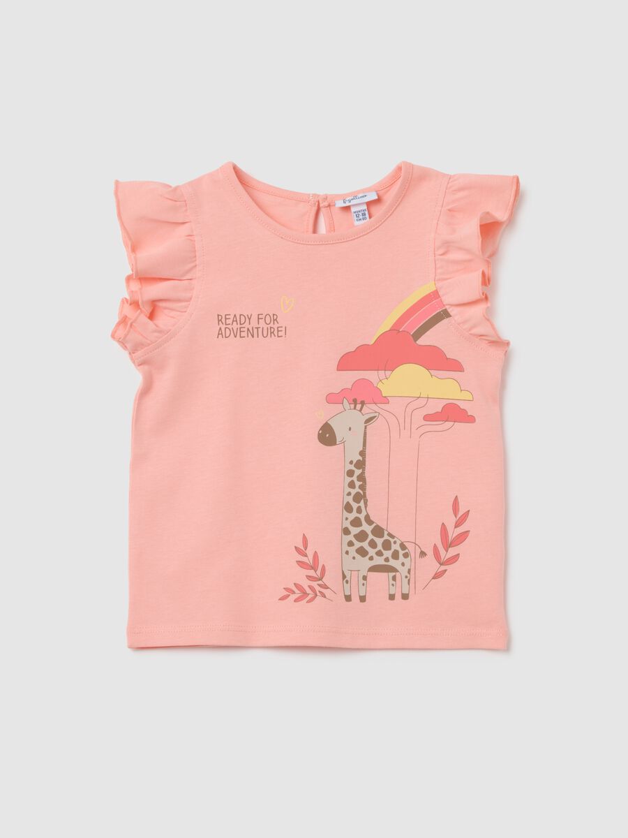 Maglia da bambina in puro cotone rosa regular fit con maniche volant e stampa_0