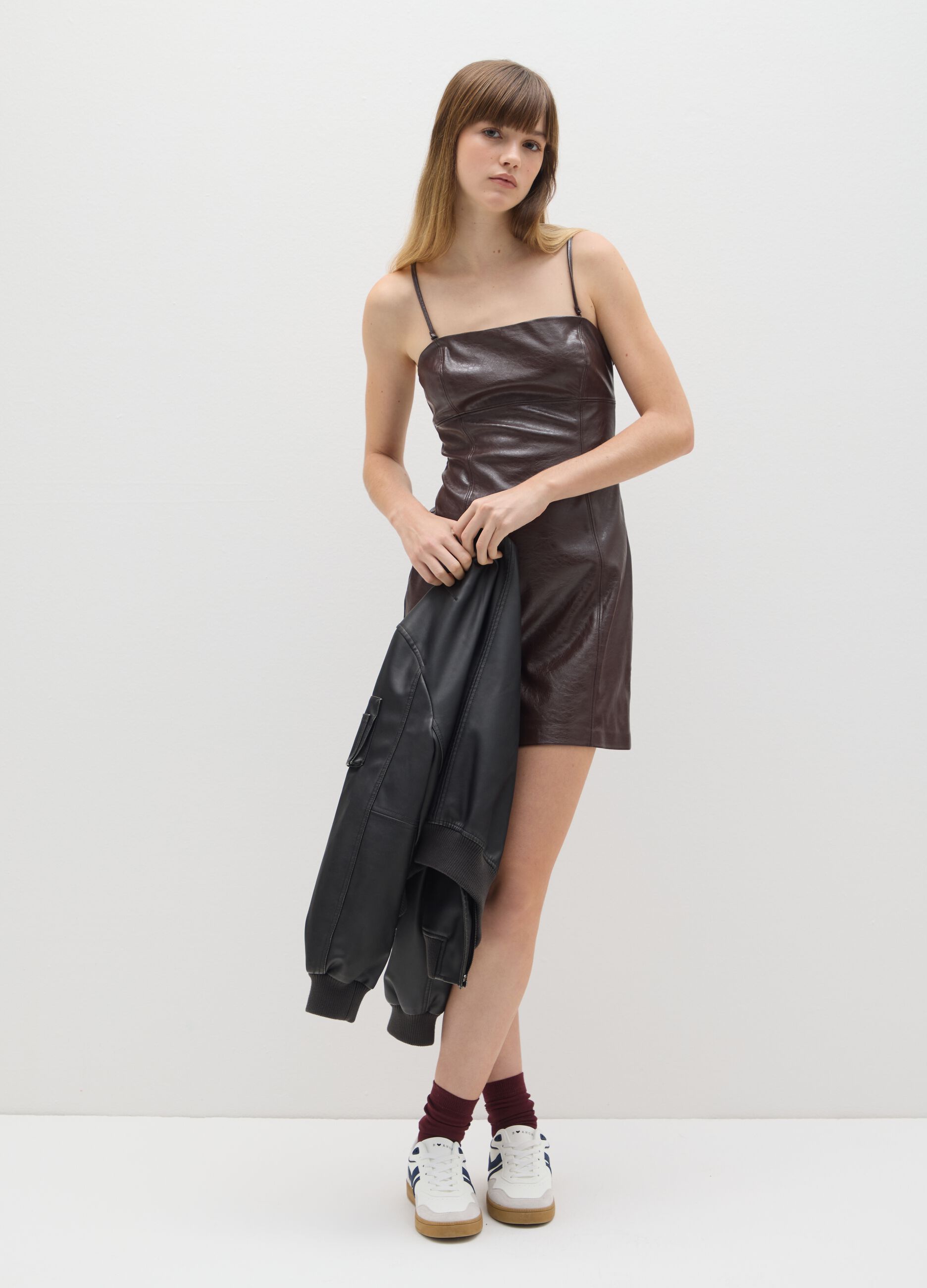 Short Brown Faux Leather Dress