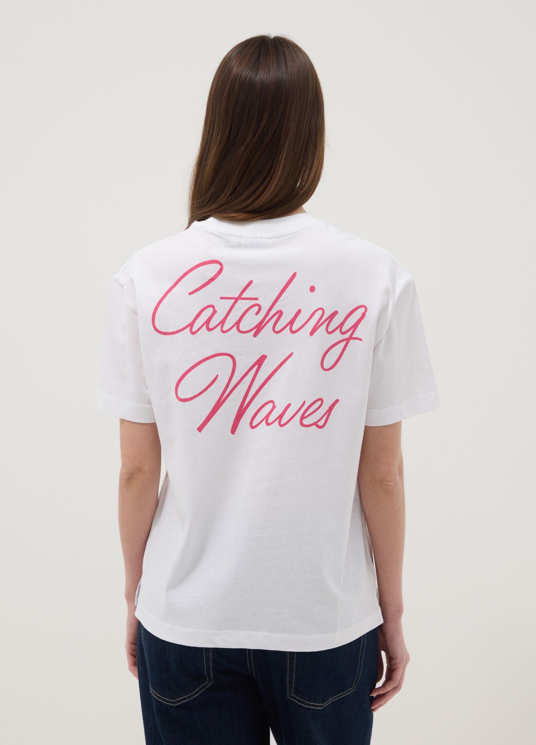 White pure cotton T-shirt, regular fit with lettering