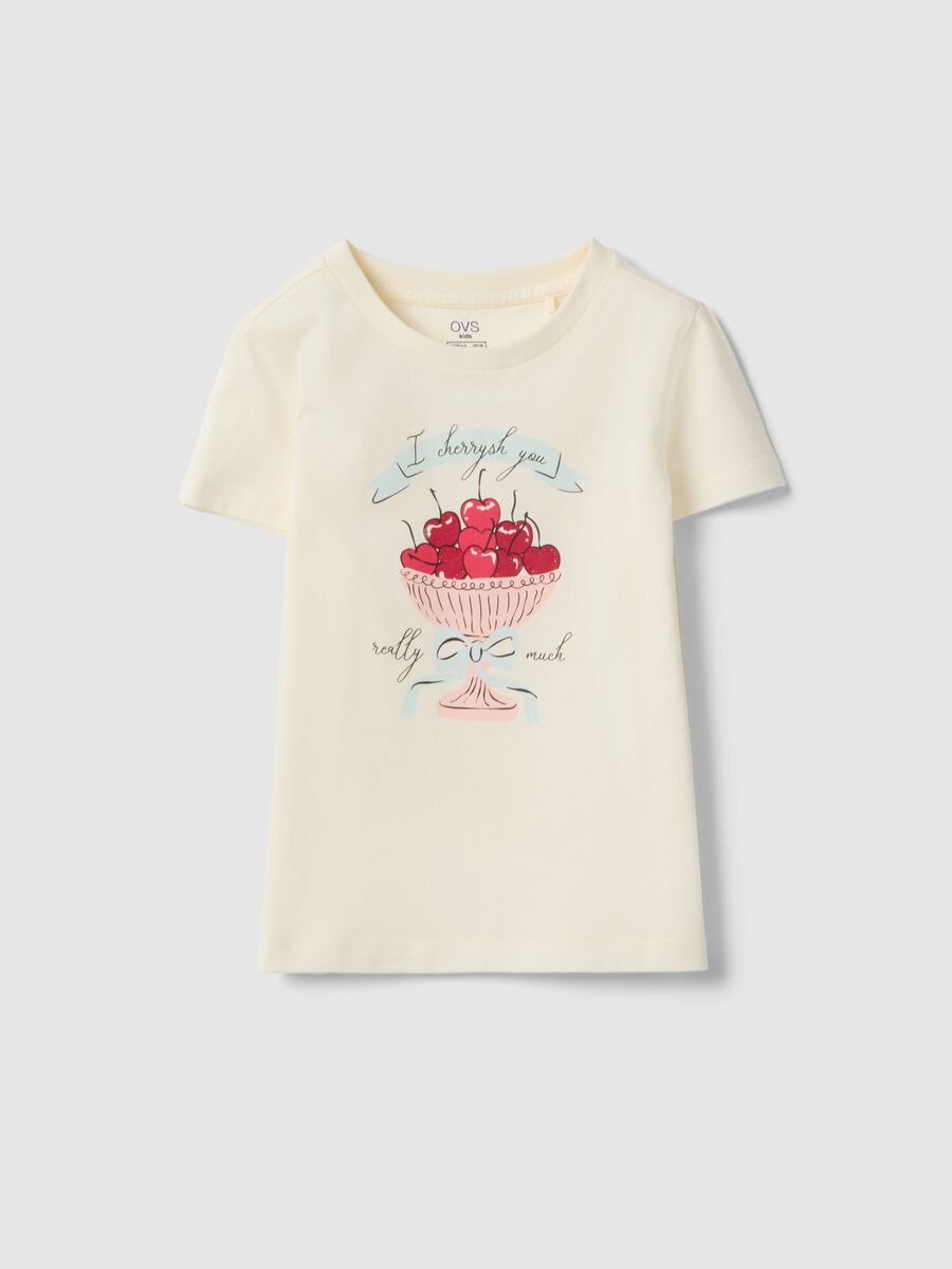 T-shirt in puro cotone beige regular fit con stampa per bambina_0