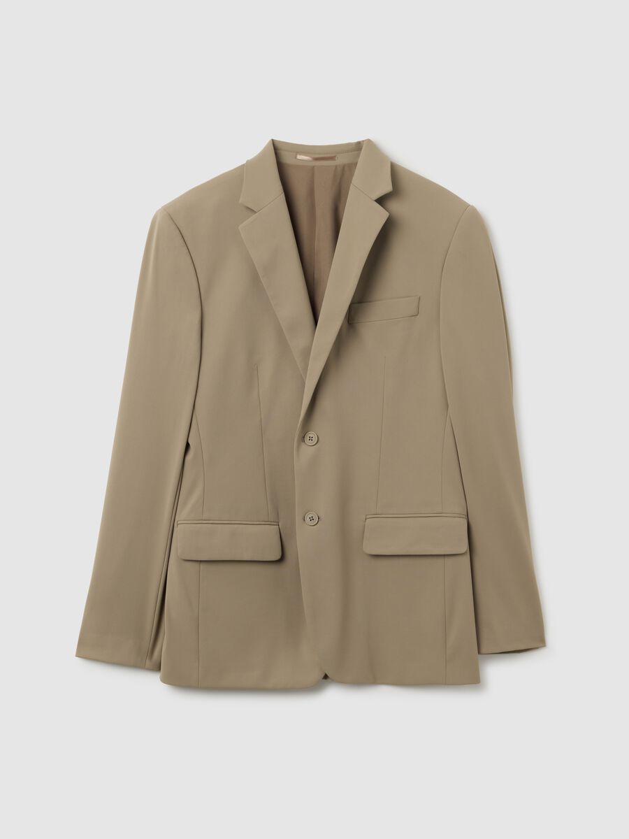 Beige Stretch Fabric Slim Fit Blazer_0