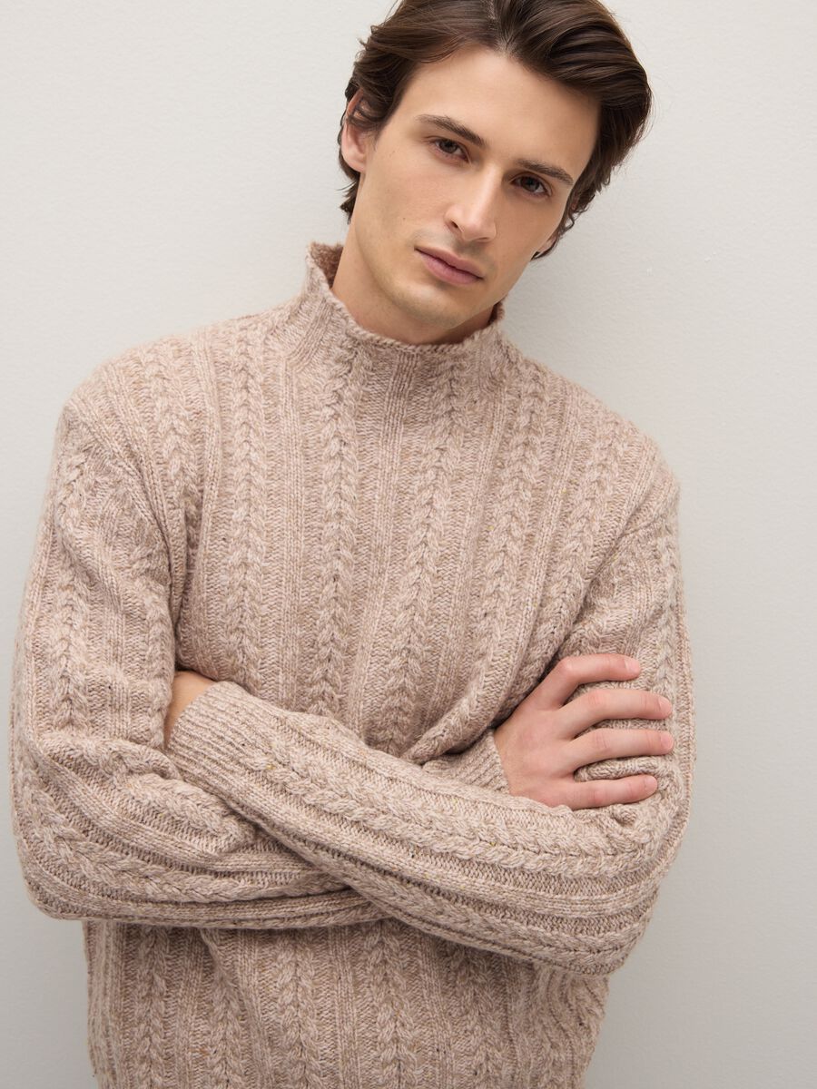 Beige braided pullover with high neck in wool blend regular fit_0