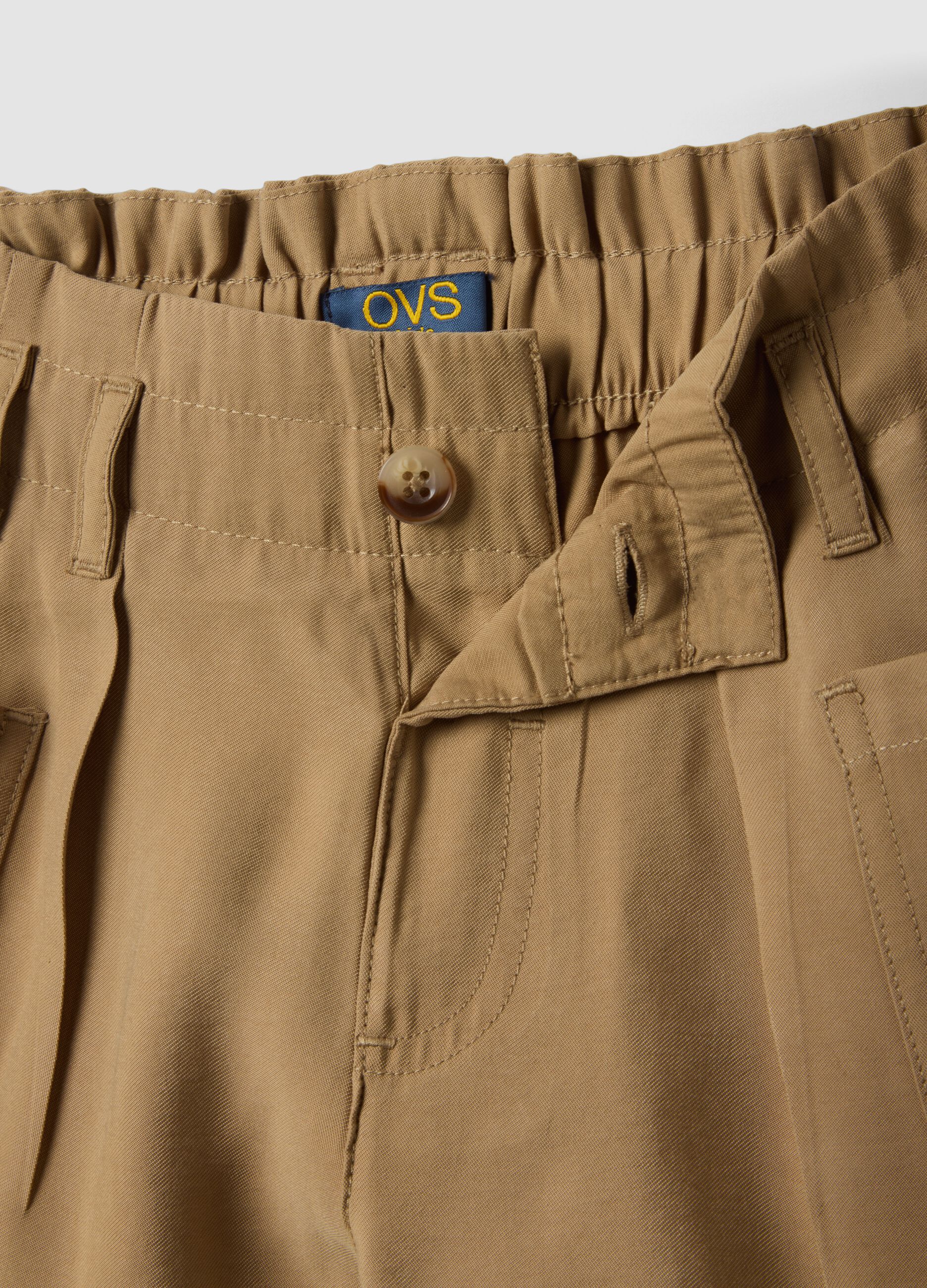 Beige modal-blend shorts with elasticated paper-bag waist