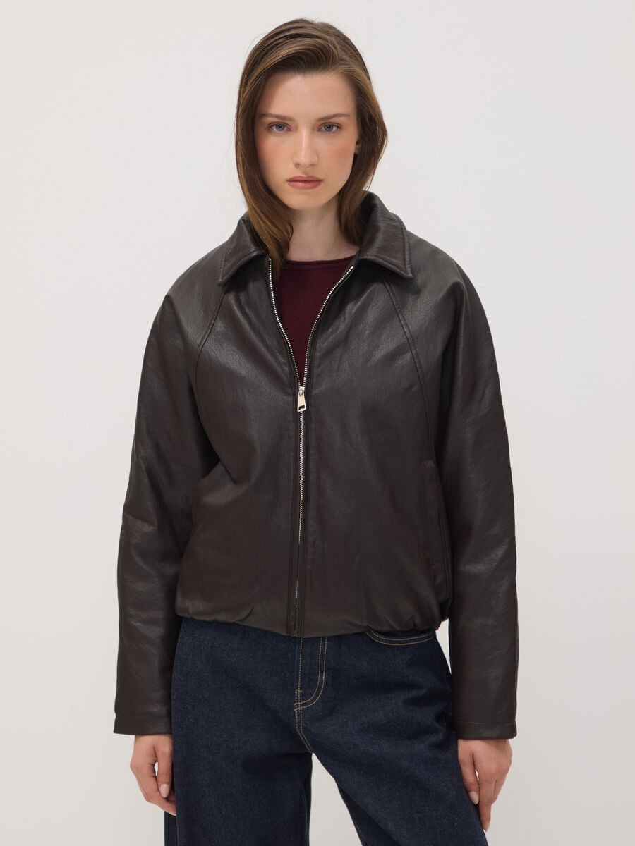 Giubbotto marrone imbottito in misto viscosa con zip over fit_1