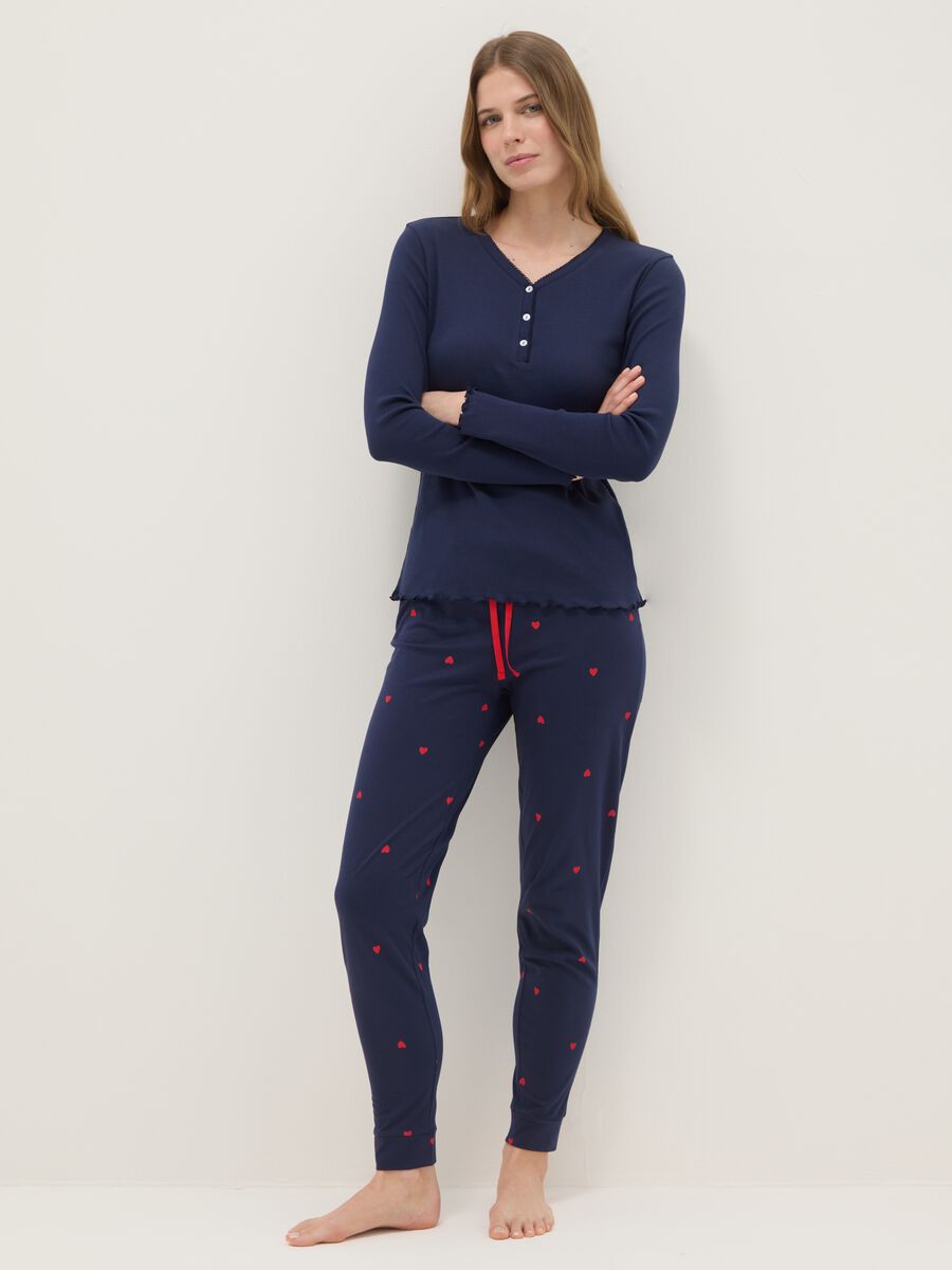 Blue pure cotton regular fit pyjama trousers with little hearts_0
