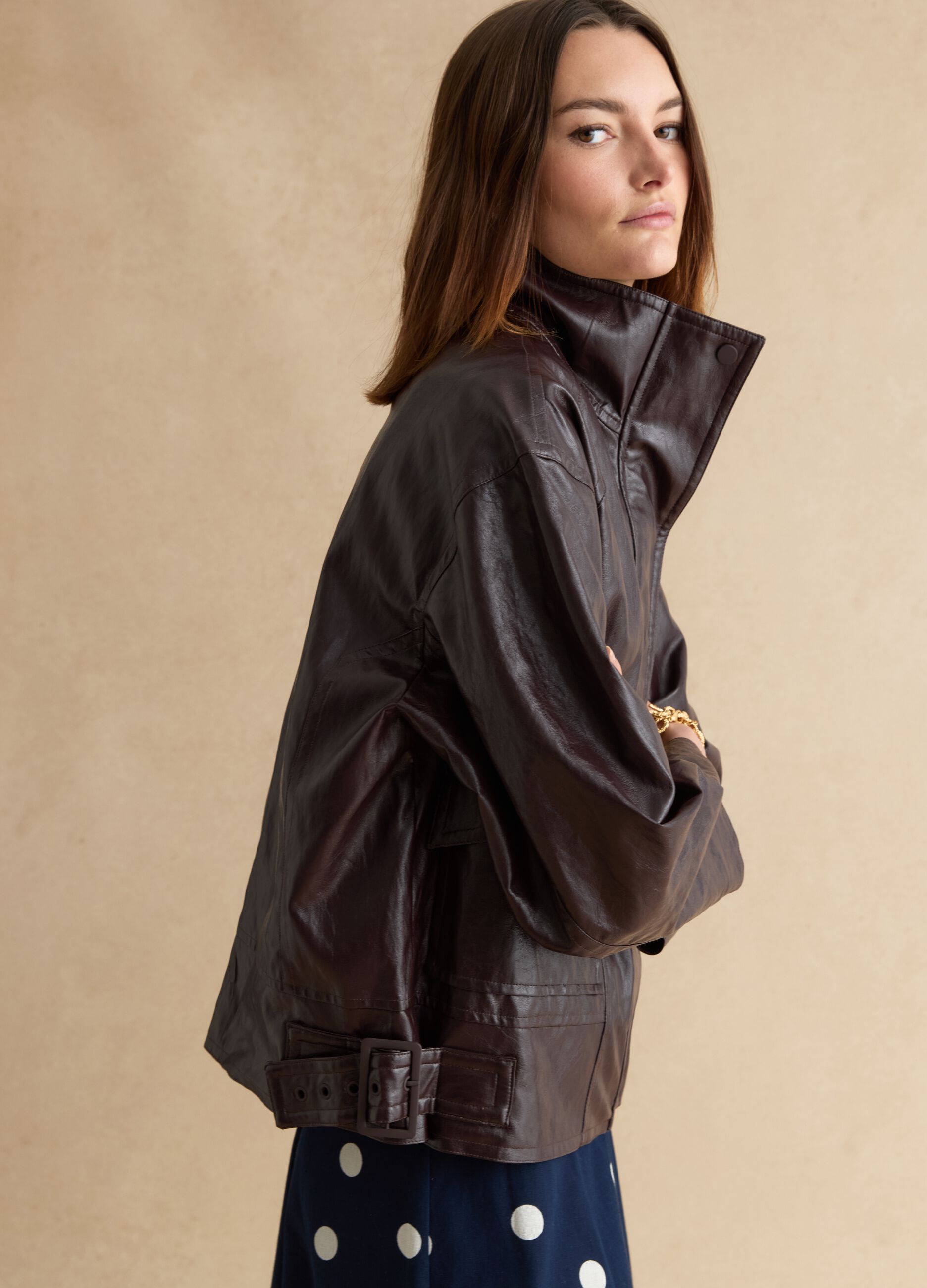 Shiny brown oversized viscose-blend jacket