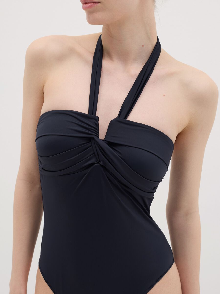 Women’s blue one-piece costume in stretch fabric with gathering_1