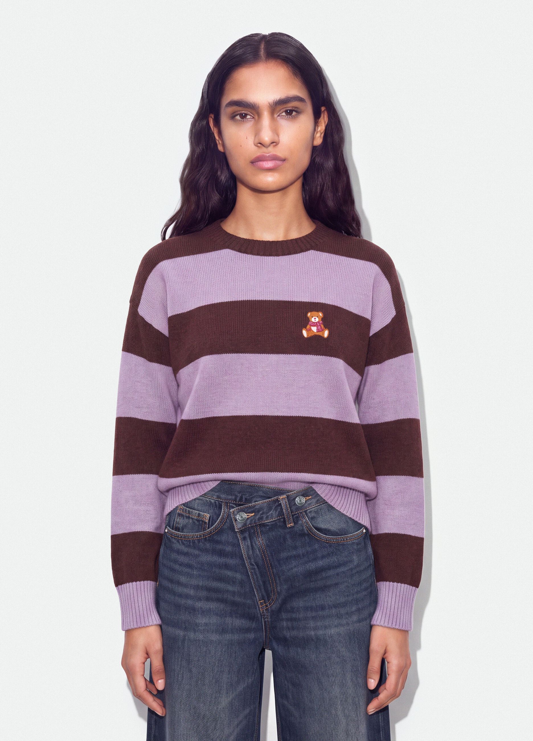 Multicolour striped viscose-blend jumper with teddy bear embroidery, regular fit