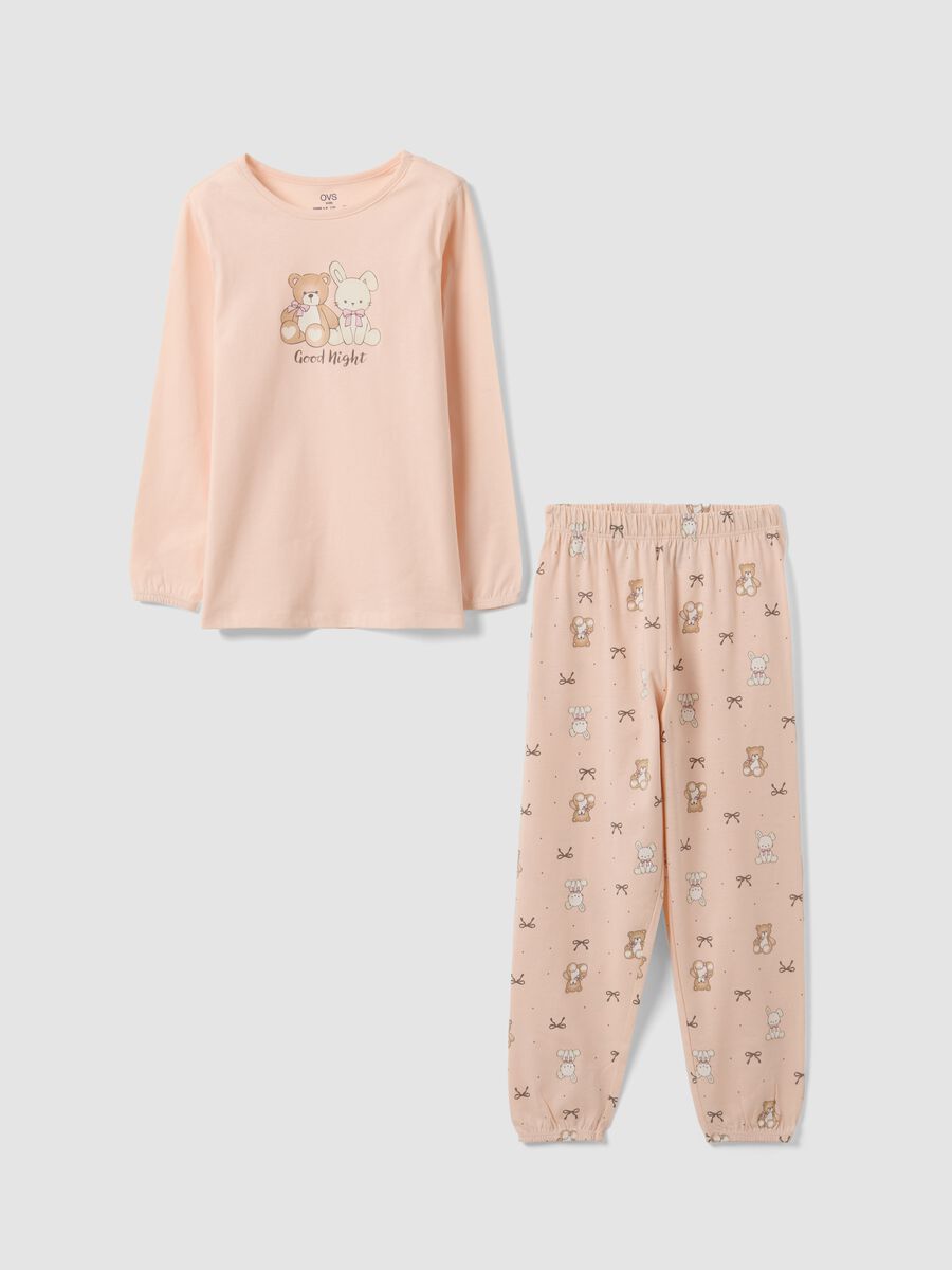 Pink organic cotton pyjamas with crew neck and cute animal print_0
