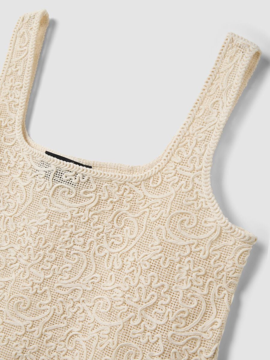 Beige cotton-blend regular-fit tank top with embroidery and mesh_5