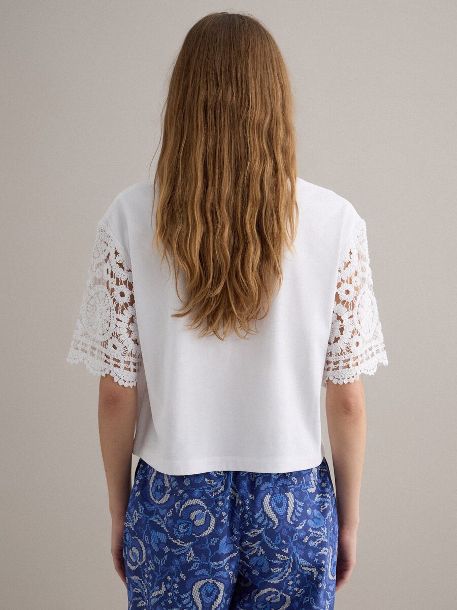 White short-sleeve cotton-blend T-shirt with mesh details_3