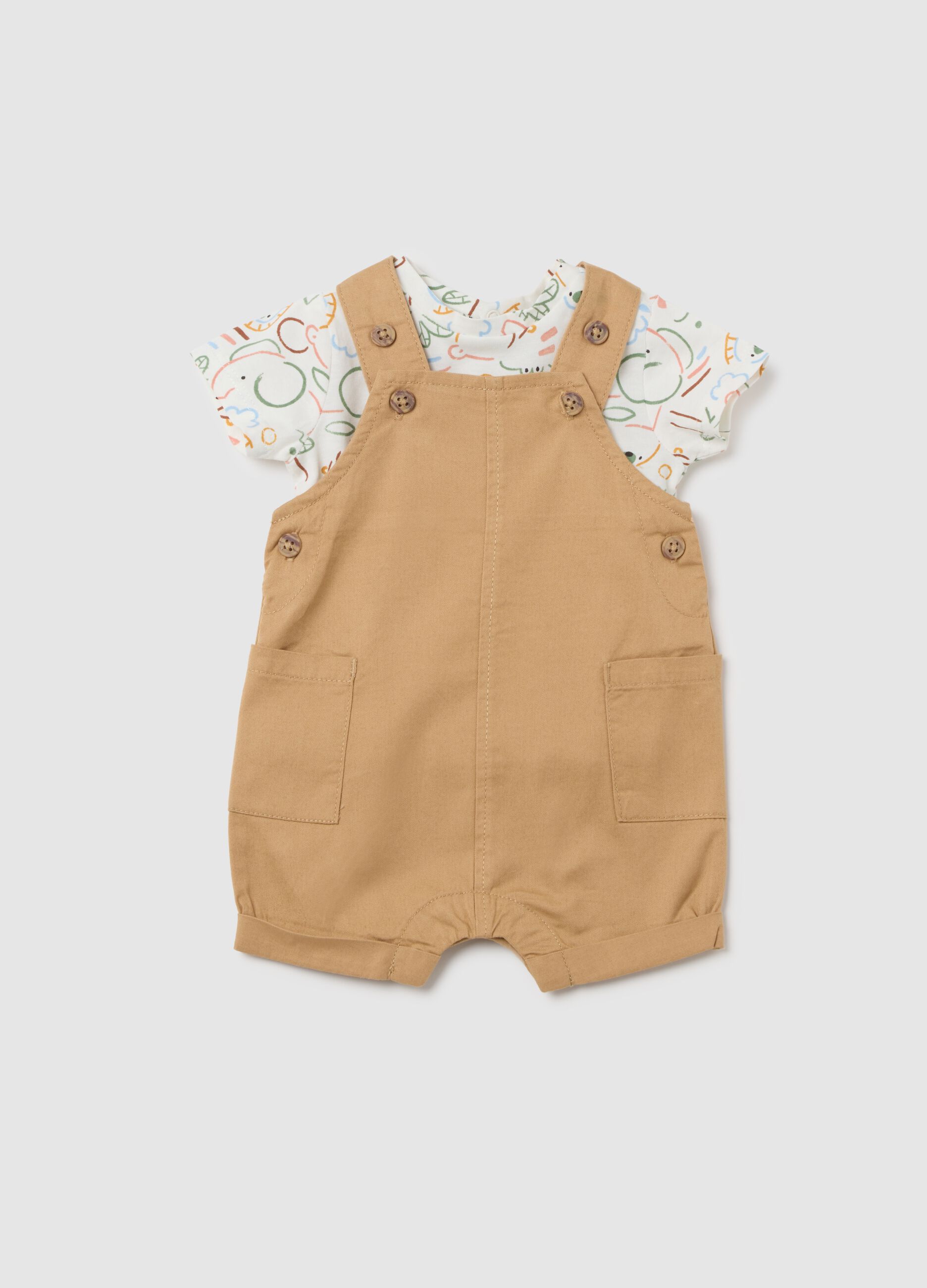 Salopette da neonato in puro cotone marrone con tasche applicate
