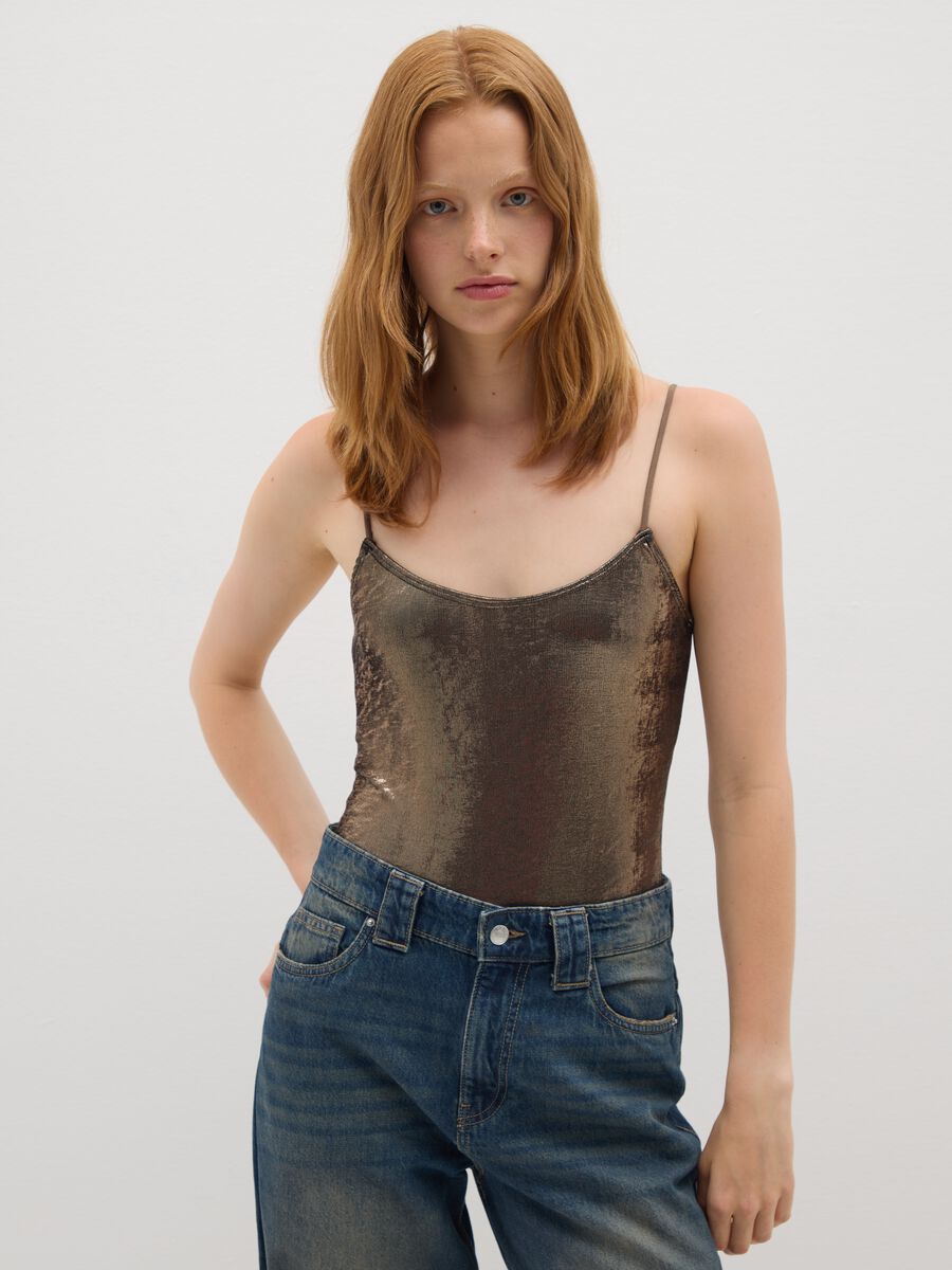 Fitted Elastic Brown Fabric Bodysuit_0