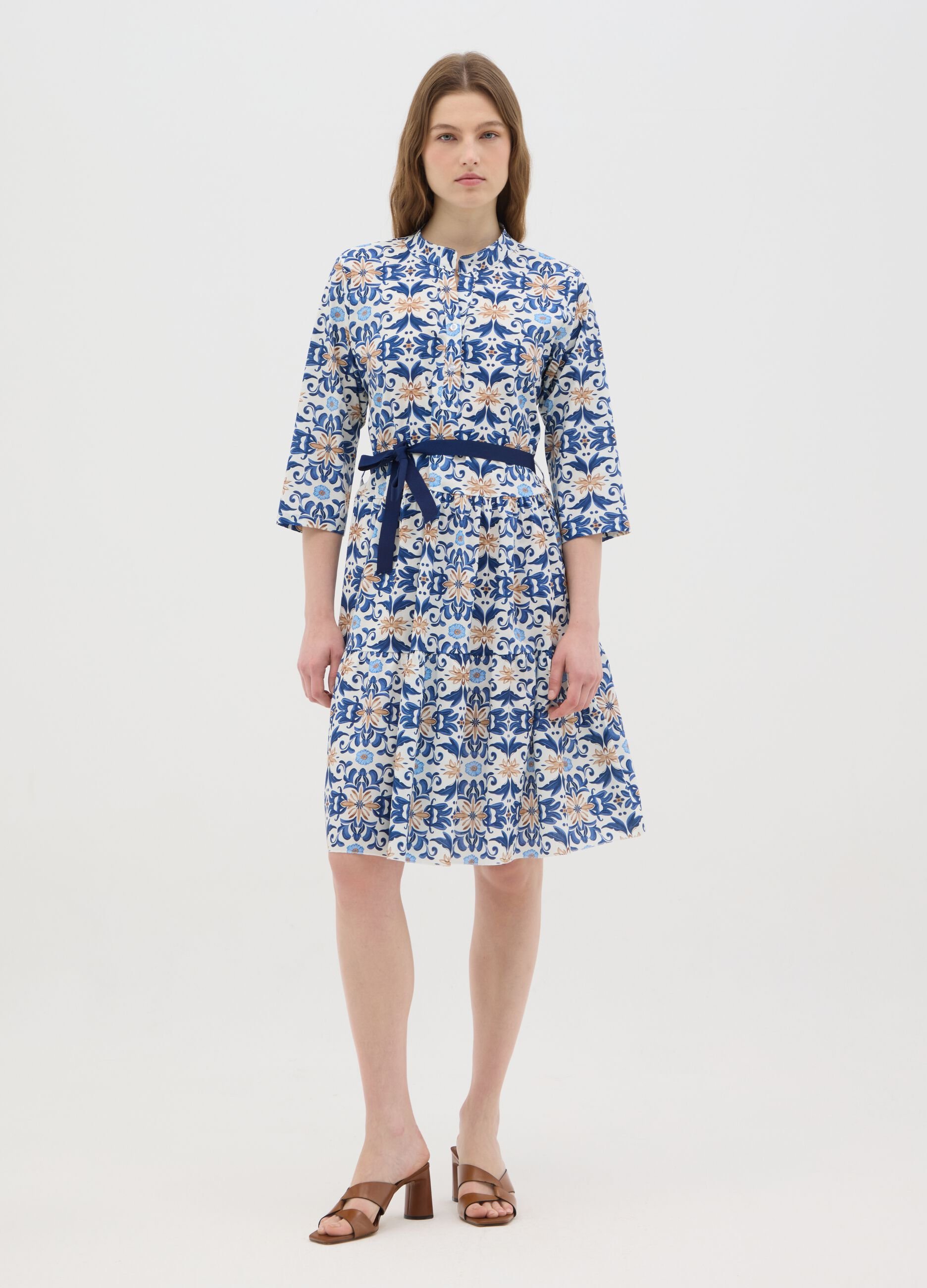 Women's midi dress in multicolor stretch cotton, regular fit